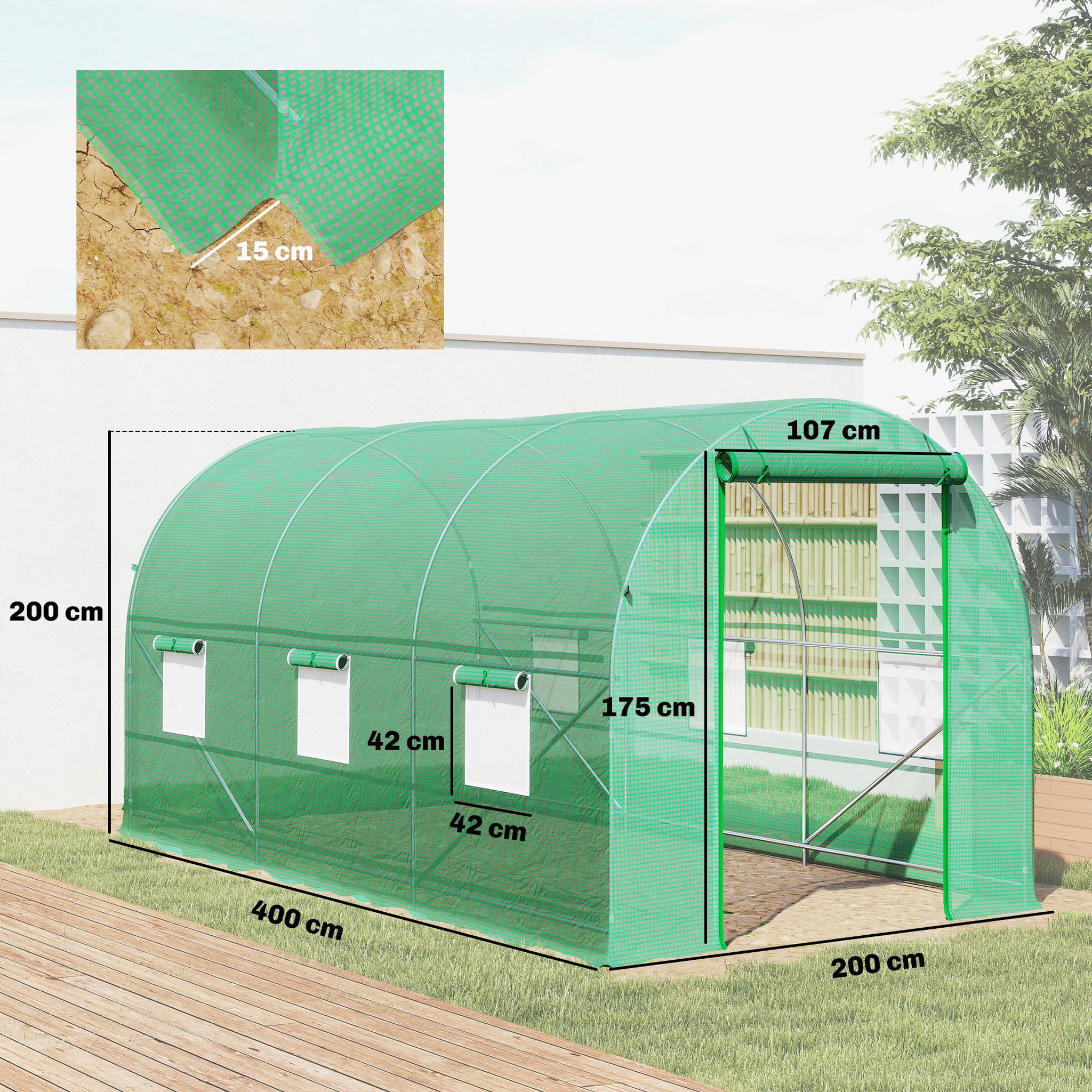 Voir la diapositive 3 : OUTSUNNY Serre de jardin tunnel surface sol 8 m² 4 x 2 x 2 m châssis tubulaire renforcé 18 mm 6 fenêtres vert