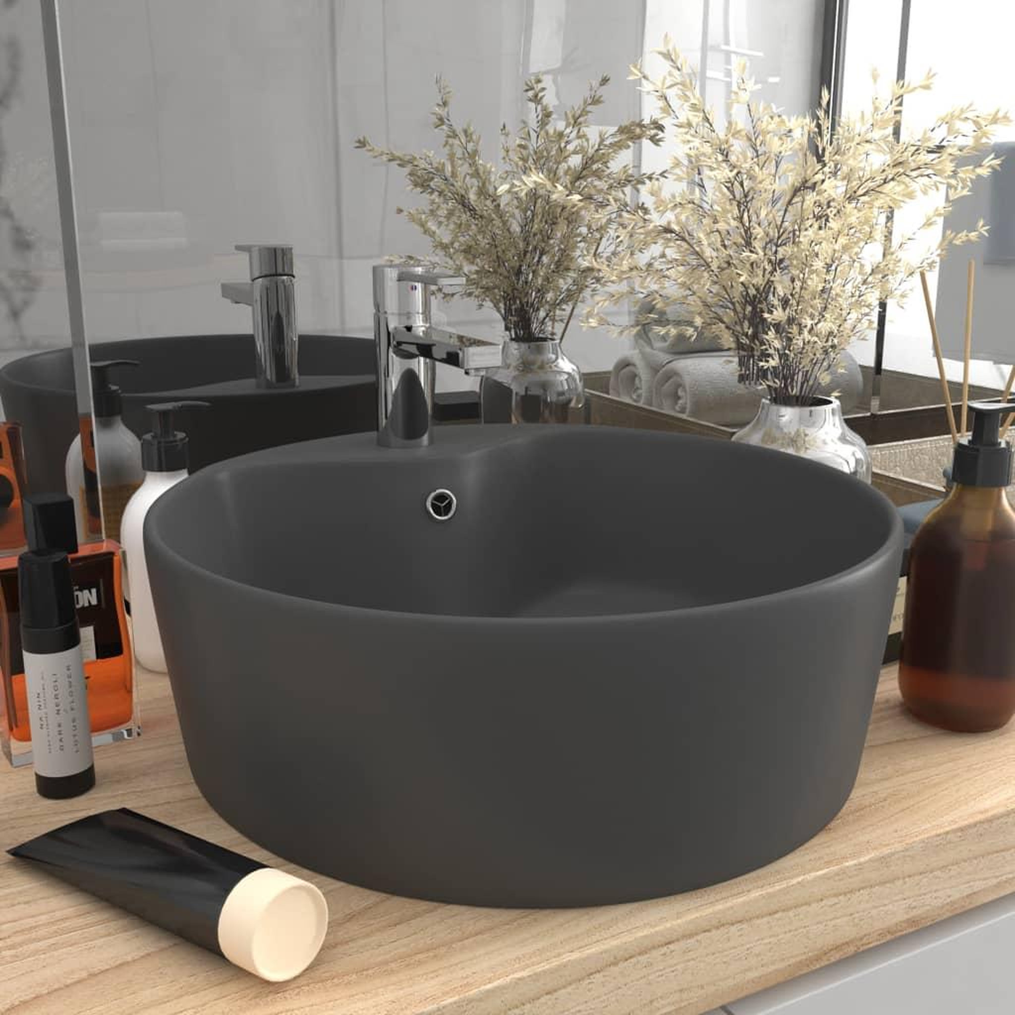 Voir la diapositive 1 : VIDAXL Lavabo de luxe avec trop-plein Gris fonce mat 36x13cm Ceramique