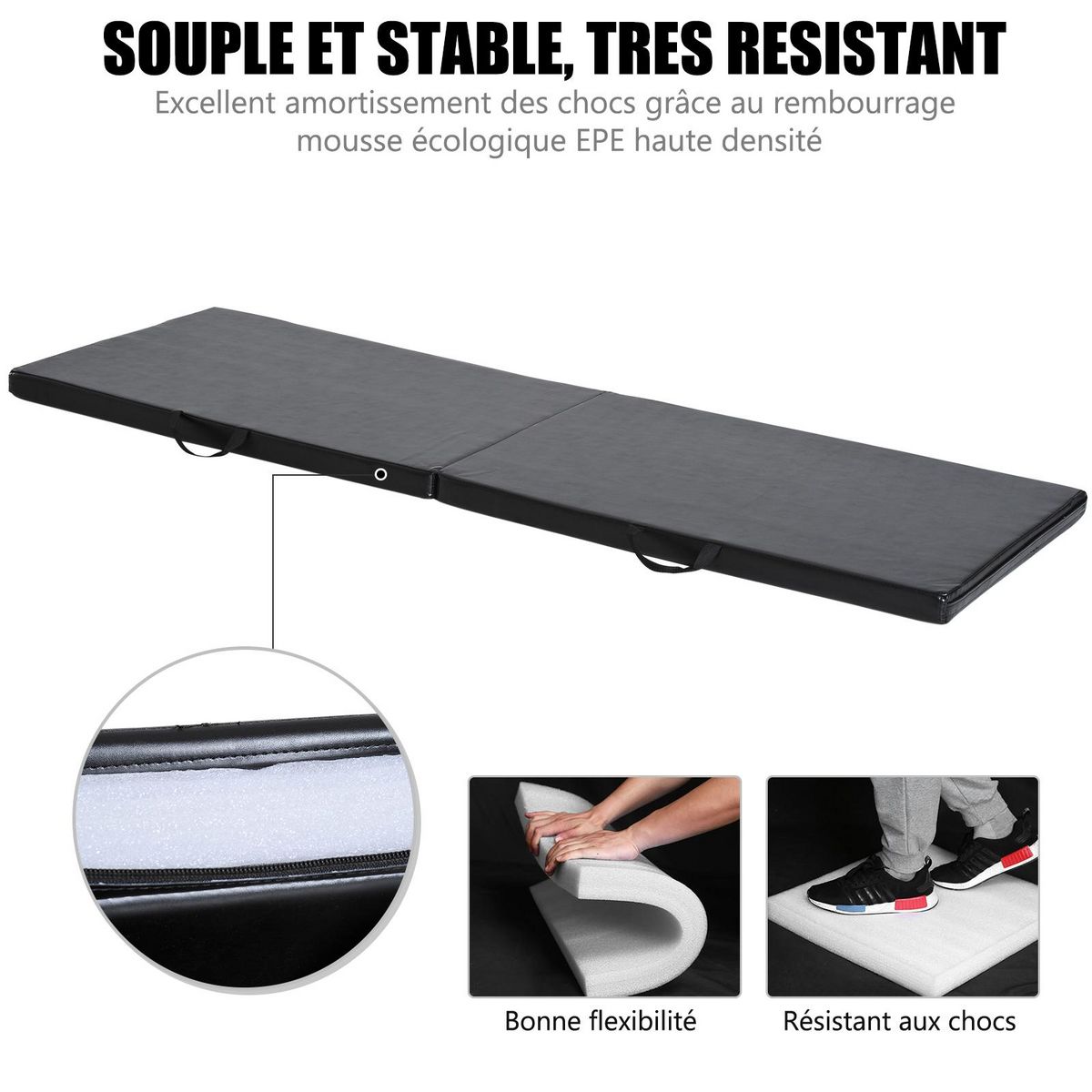HOMCOM Tapis de gymnastique yoga pilates fitness pliable portable grand confort 180L x 60l x 5H cm revêtement synthétique noir
