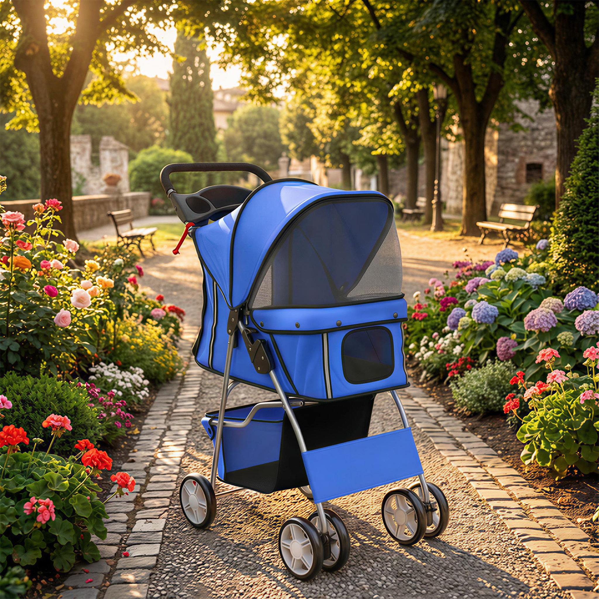 Voir la diapositive 2 : PAWHUT Poussette buggy pliable chien chat porte-gobelet panier de rangement inclus 4 roues bleu