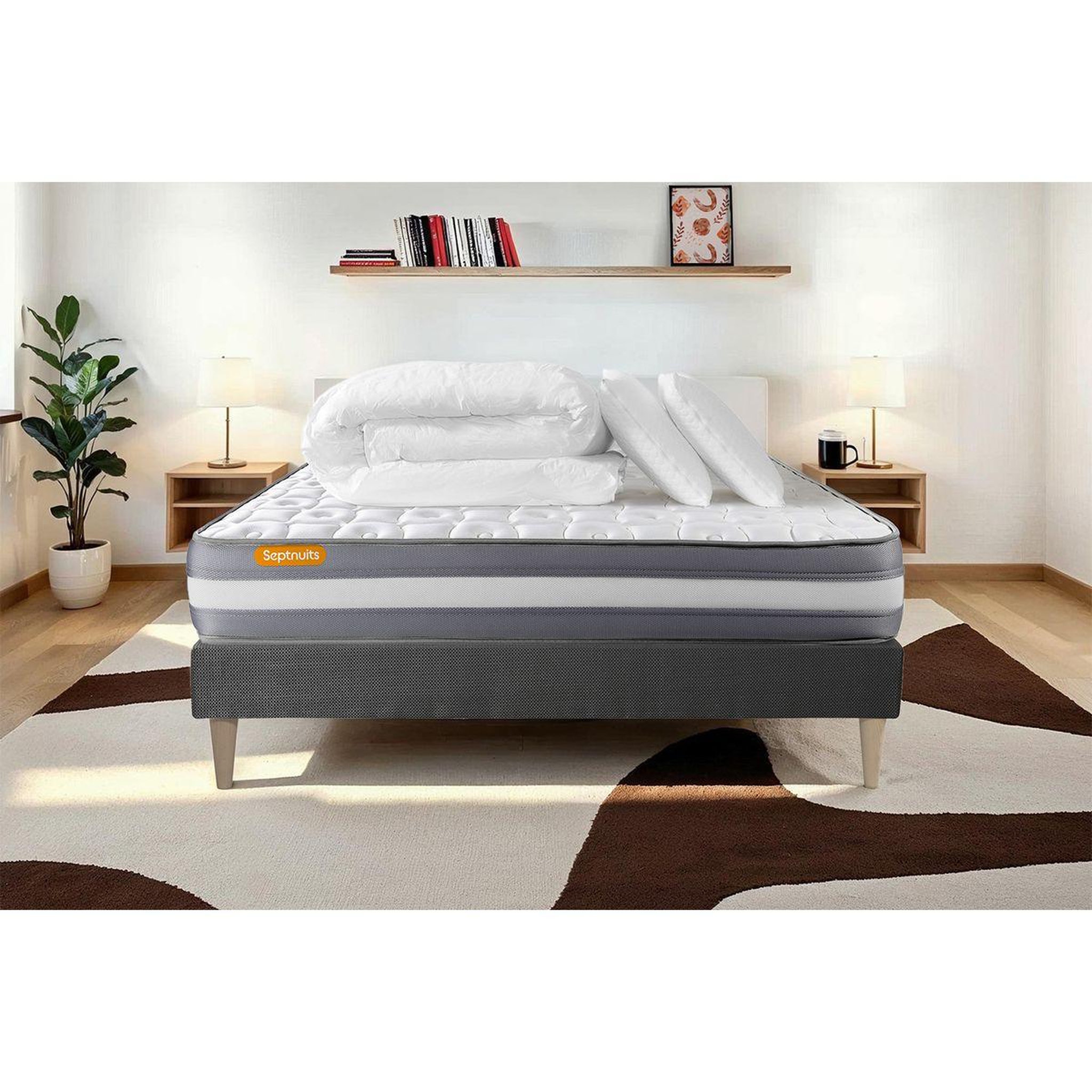 Voir la diapositive 1 : SEPTNUITS PACK matelas + sommier gris Memo Plus Mémoire de forme 3 zones + 2 oreillers + couette