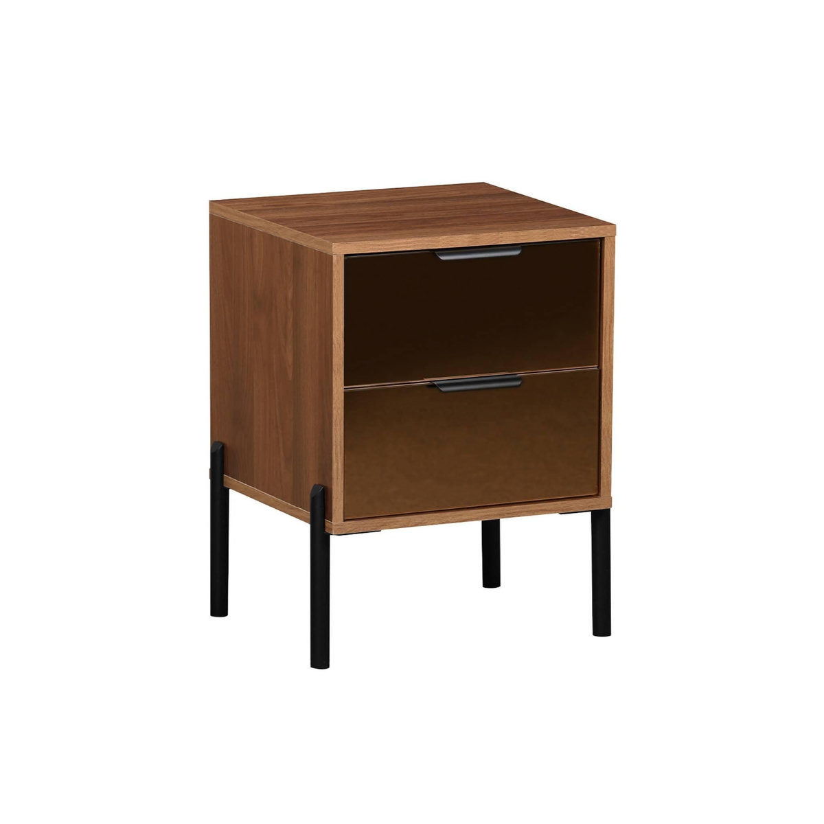 SWEEEK Table de chevet vintage 2 tiroirs décor bois et vitres fumées. L 43 x P 38 x H 54.8cm