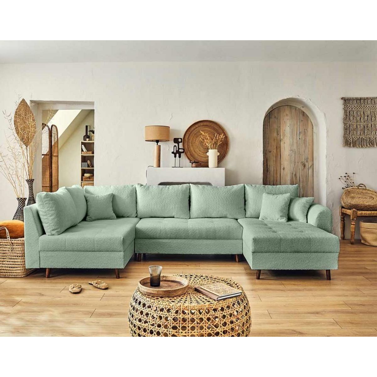 LISA DESIGN Rune - canapé panoramique d'angle gauche - 7 places - avec pouf d'appoint - en tissu bouclette