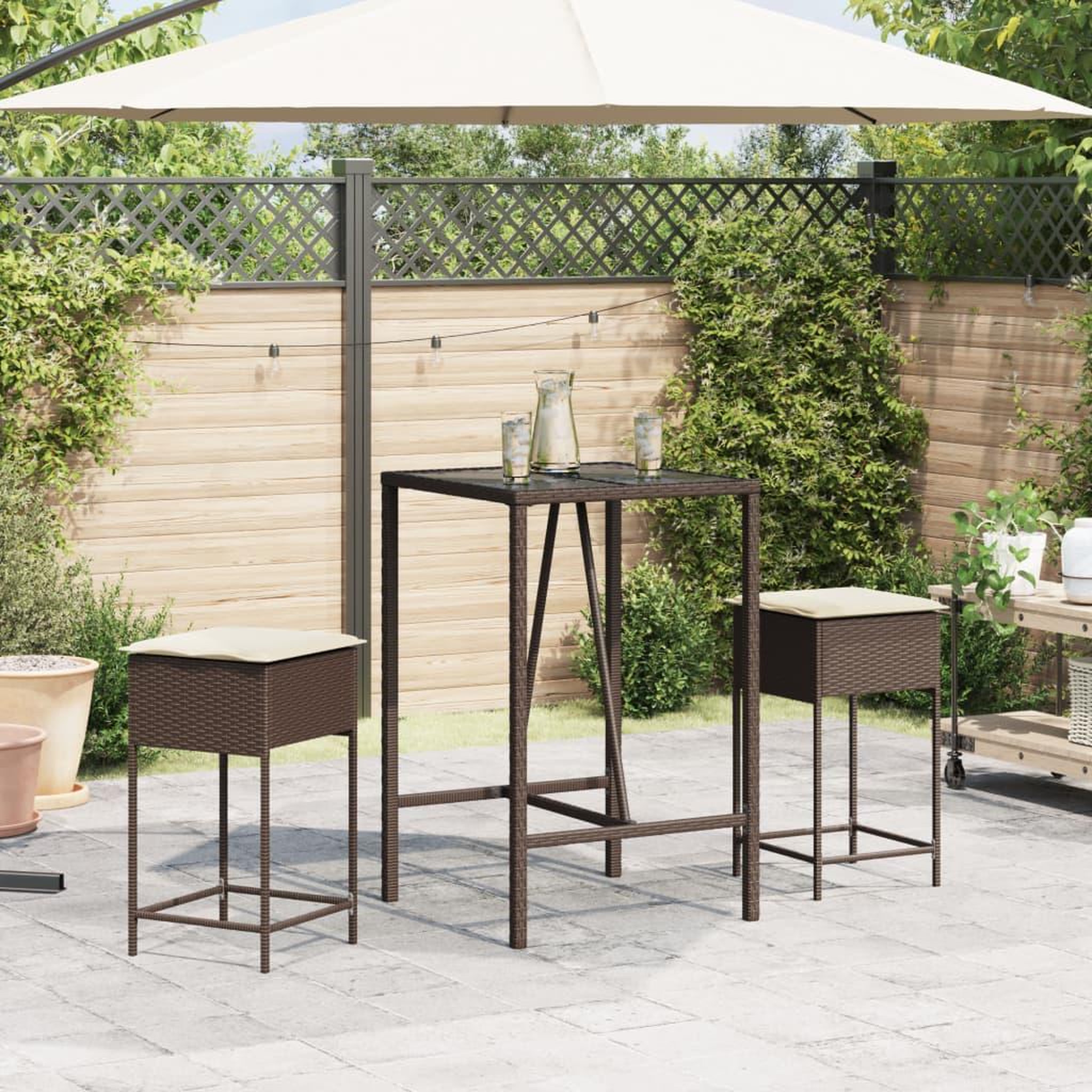 Voir la diapositive 3 : VIDAXL Ensemble de bar de jardin 3 pcs et coussins brun resine tressee
