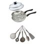 Voir la diapositive 1 : Fackelmann Lot de 2 Poêles en inox 20/24 cm avec couvercles Fackelmann Geneva avec 5 ustensiles de cuisine