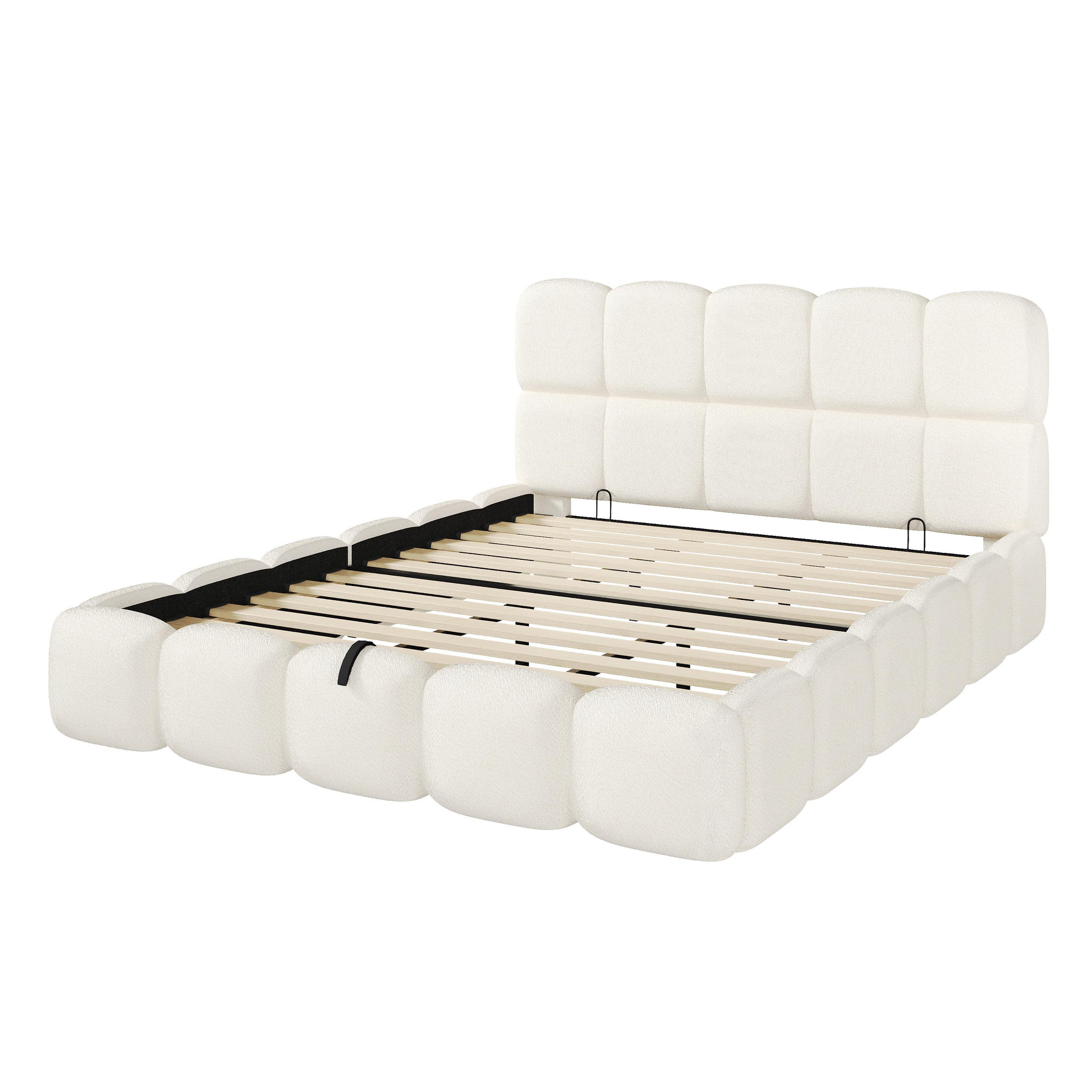 Voir la diapositive 6 : MERAX Lit coffre adulte avec rangement hydraulique, tête de lit rembourrée tissu bouclé blanc