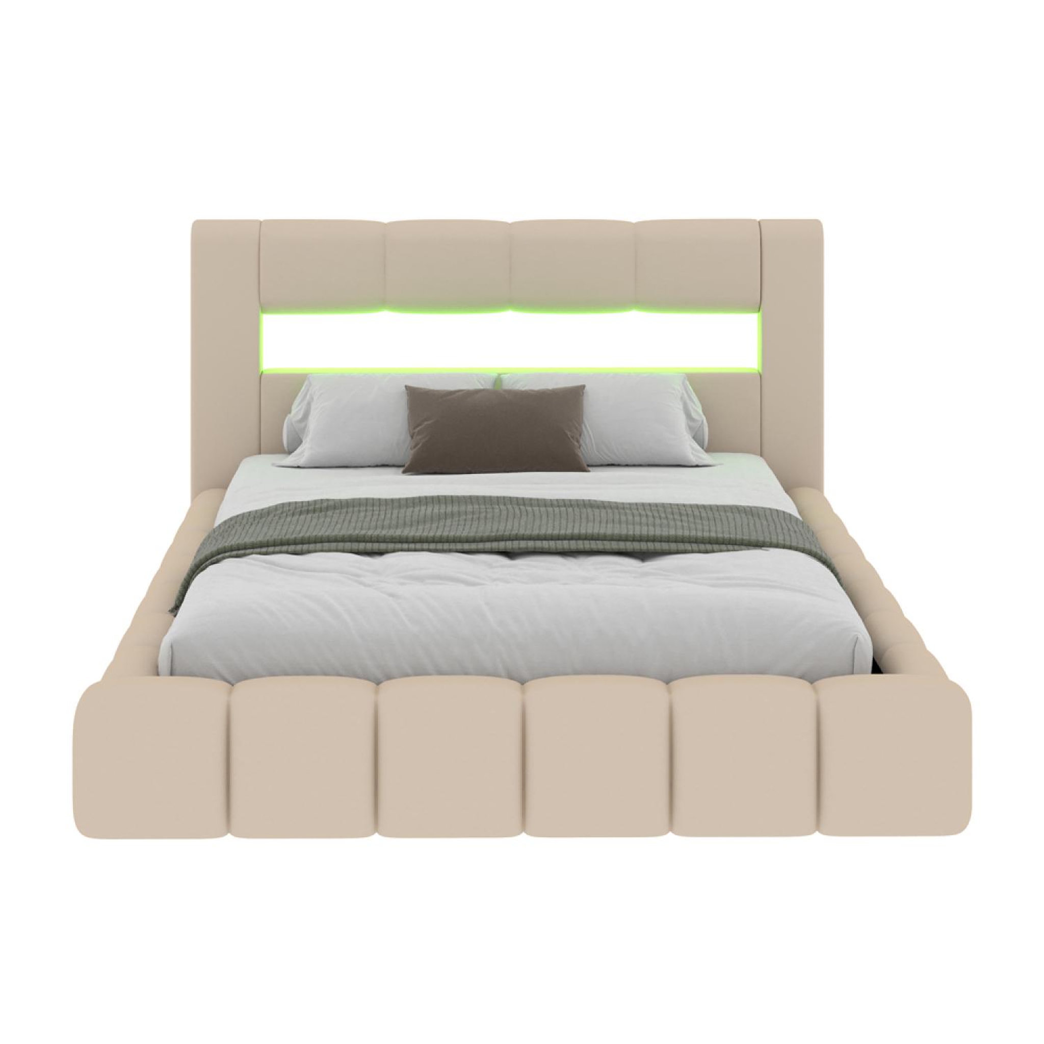 Voir la diapositive 6 : CONCEPT USINE Lit coffre led style nuage 180x200cm en velours beige avec tête de lit et sommier omaha