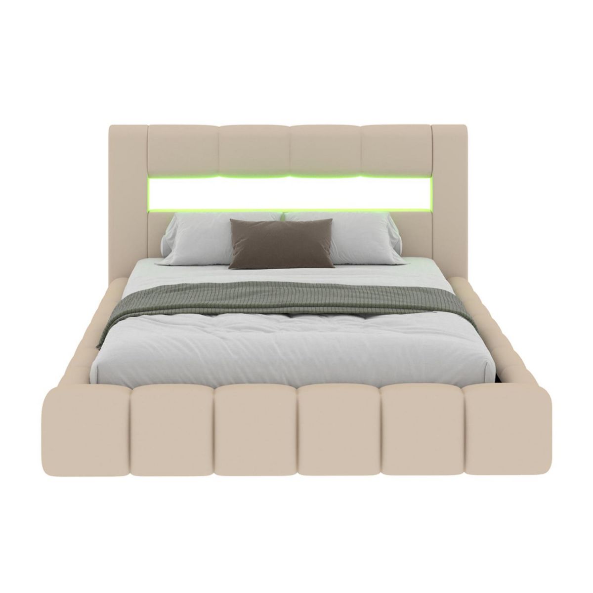 CONCEPT USINE Lit nuage LED avec coffre 180x200cm en velours beige avec tête de lit et sommier OMAHA