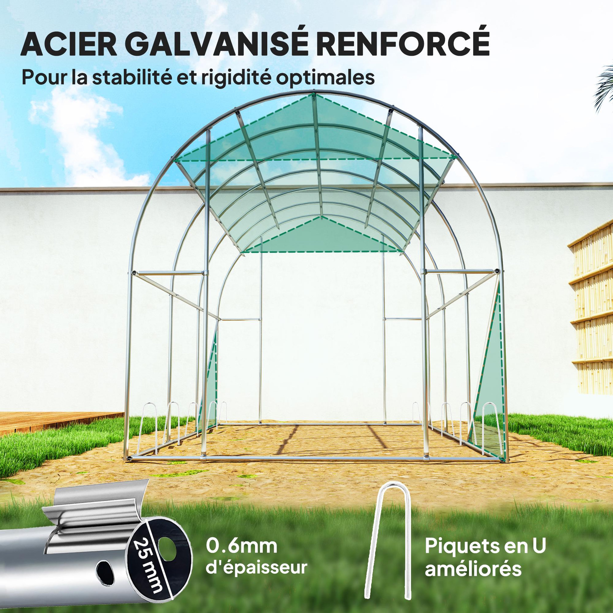 Voir la diapositive 5 : OUTSUNNY Serre de jardin 6 m² - porte zippée enroulable, 6 fenêtres - acier galvanisé PE haute densité 170 g/m² vert