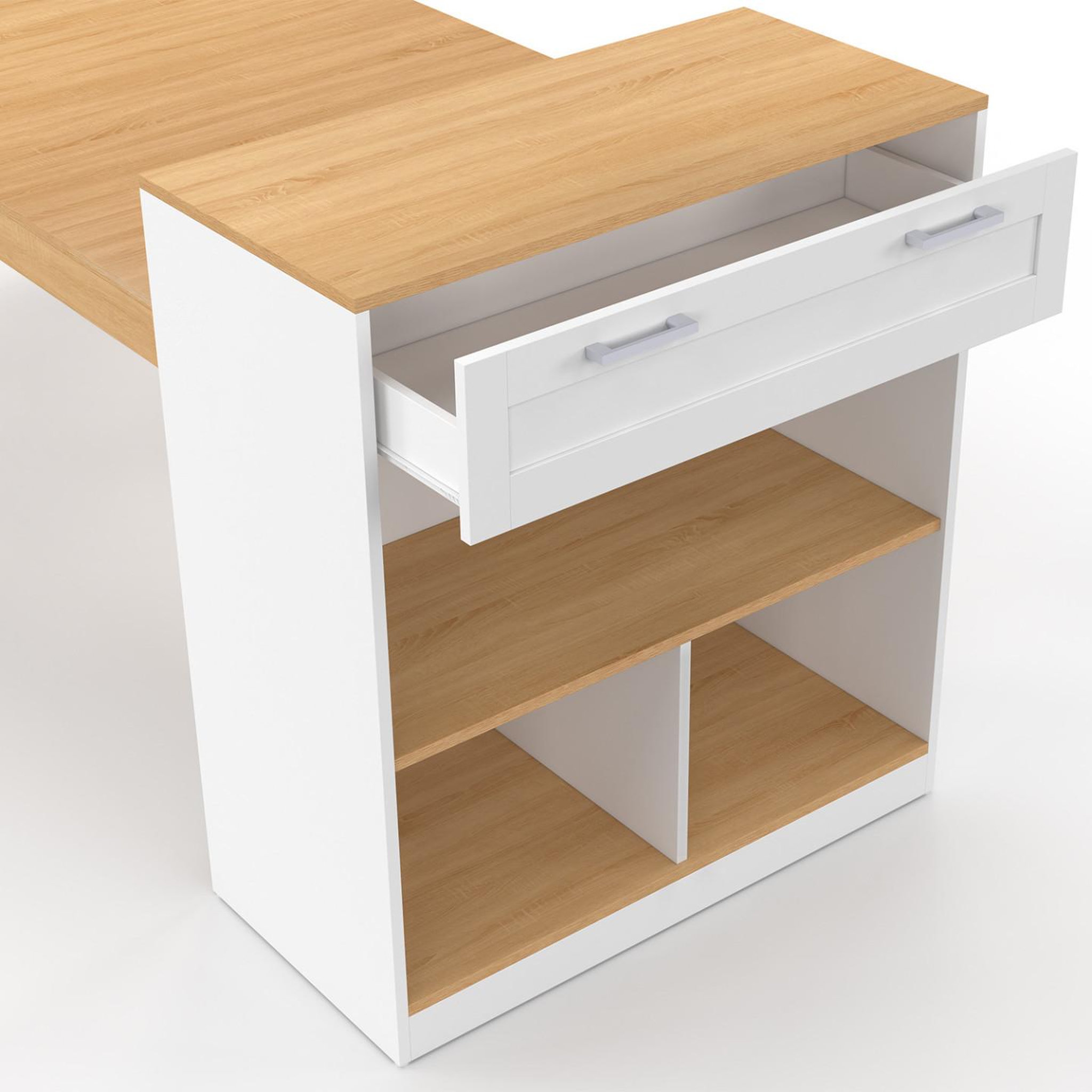 Voir la diapositive 6 : ID MARKET Ilot central avec table à manger 5 personnes gary 190 cm blanc et plateau bois