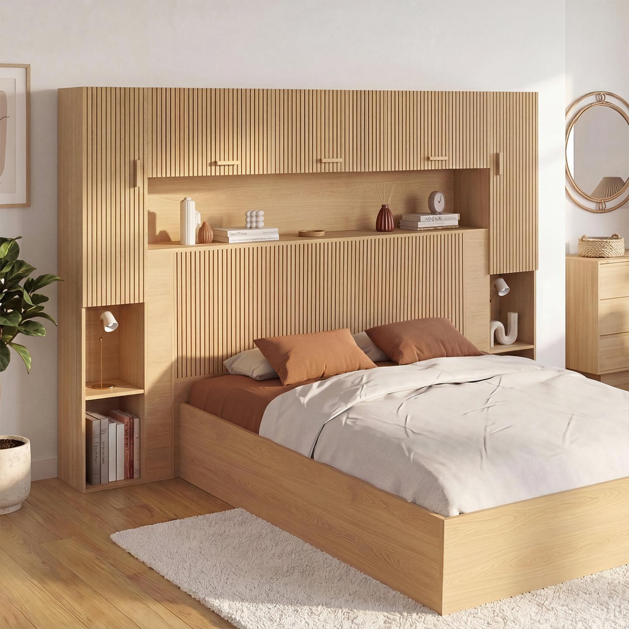 Voir la diapositive 2 : ID MARKET Pont de lit juliette 226 cm avec rangements effet lattes tasseau de bois