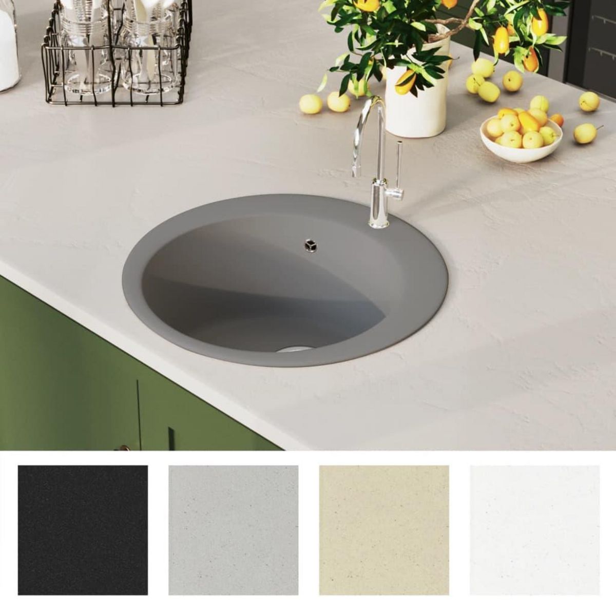 VIDAXL Evier de cuisine en granit Bac unique Rond Gris