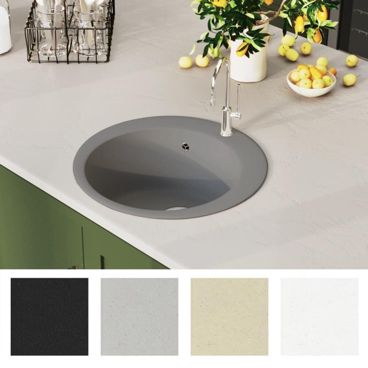 VIDAXL Evier de cuisine en granit Bac unique Rond Gris