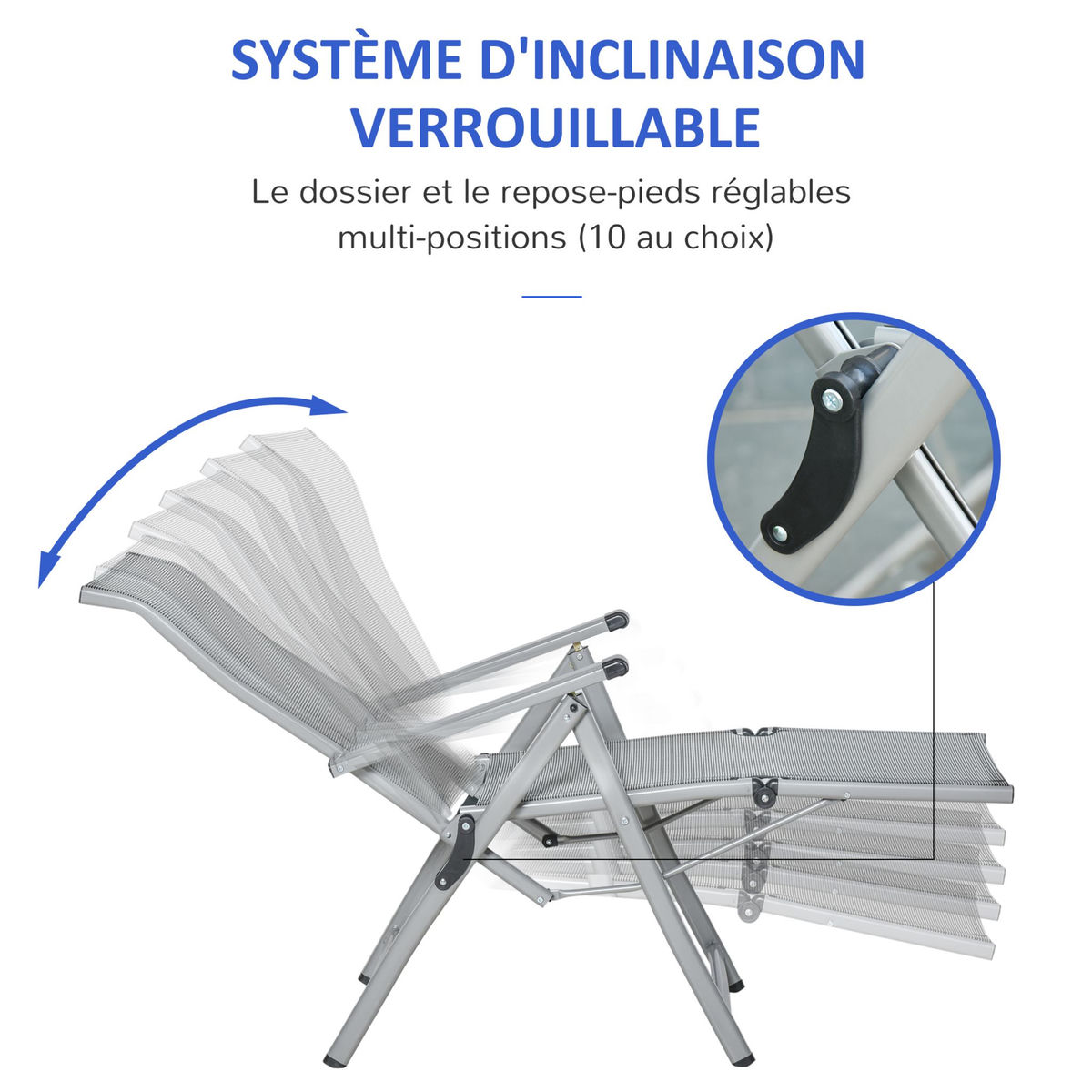 OUTSUNNY Chaise longue pliable dossier & repose-pied réglable multi-positions métal époxy textilène gris