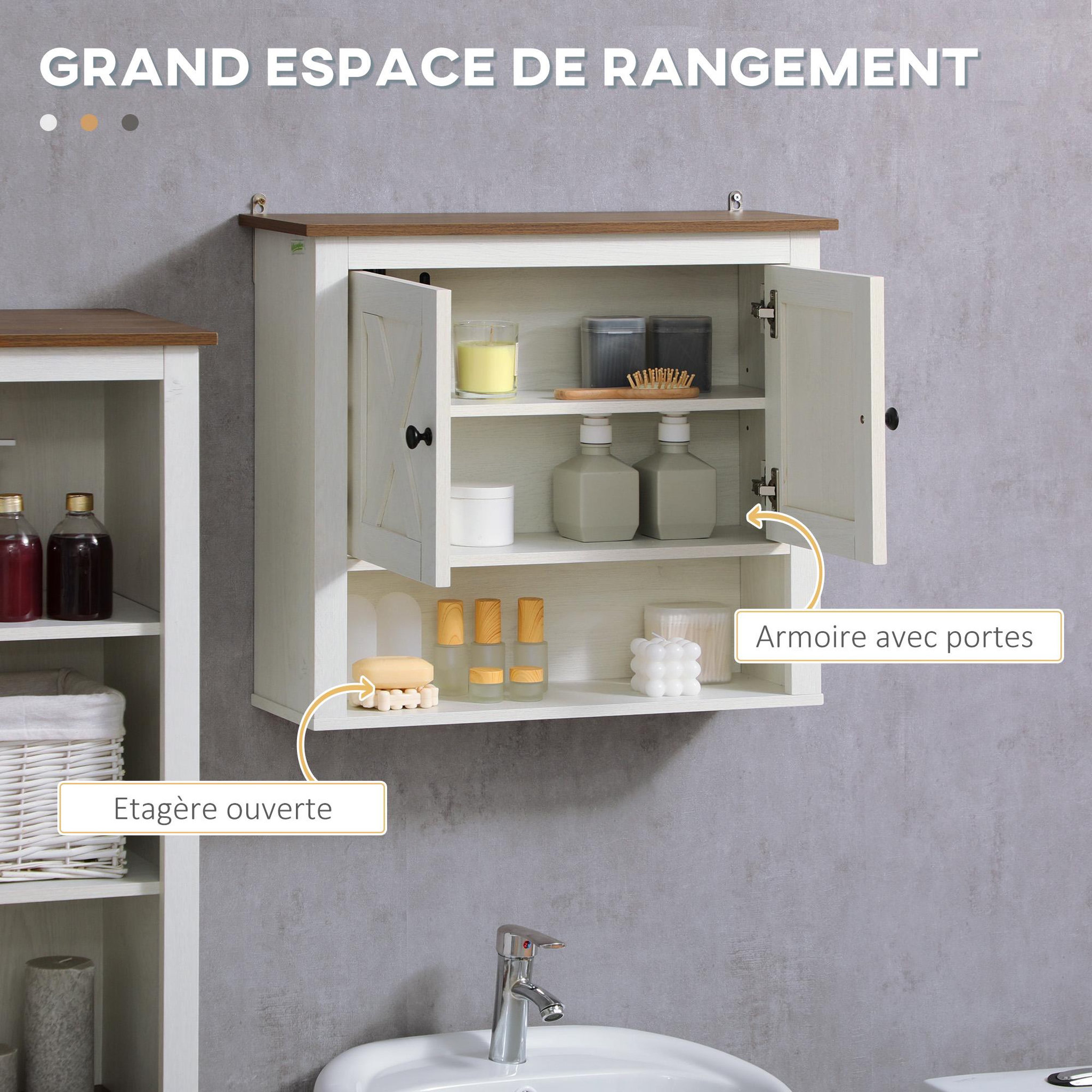 Voir la diapositive 5 : KLEANKIN Armoire murale salle de bain style rustique chic - 2 portes, étagère, niche - effet bois noyer écru
