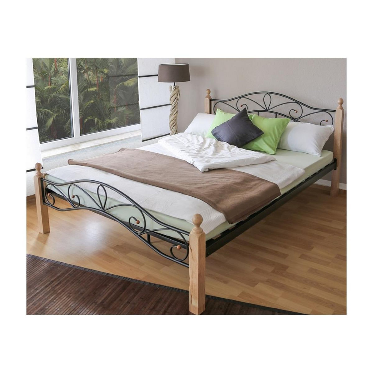 HomeStyle4U Design metal lit double 160 x 200 cadre de lit lattes bois neuf natural brun