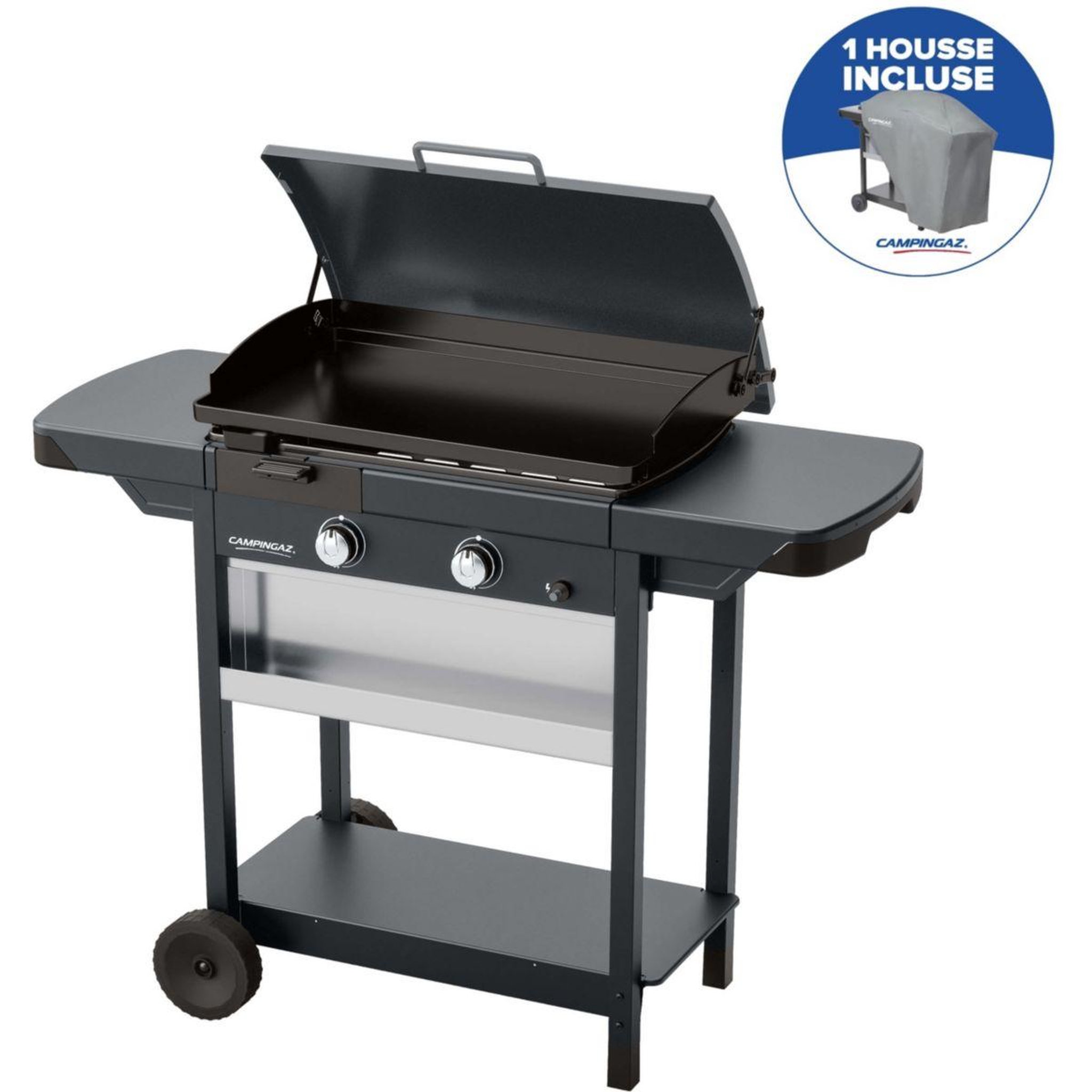 Voir la diapositive 2 : CAMPINGAZ Plancha gaz ex plus noir 2brûleurs sur chariot, 66x42cm + housse