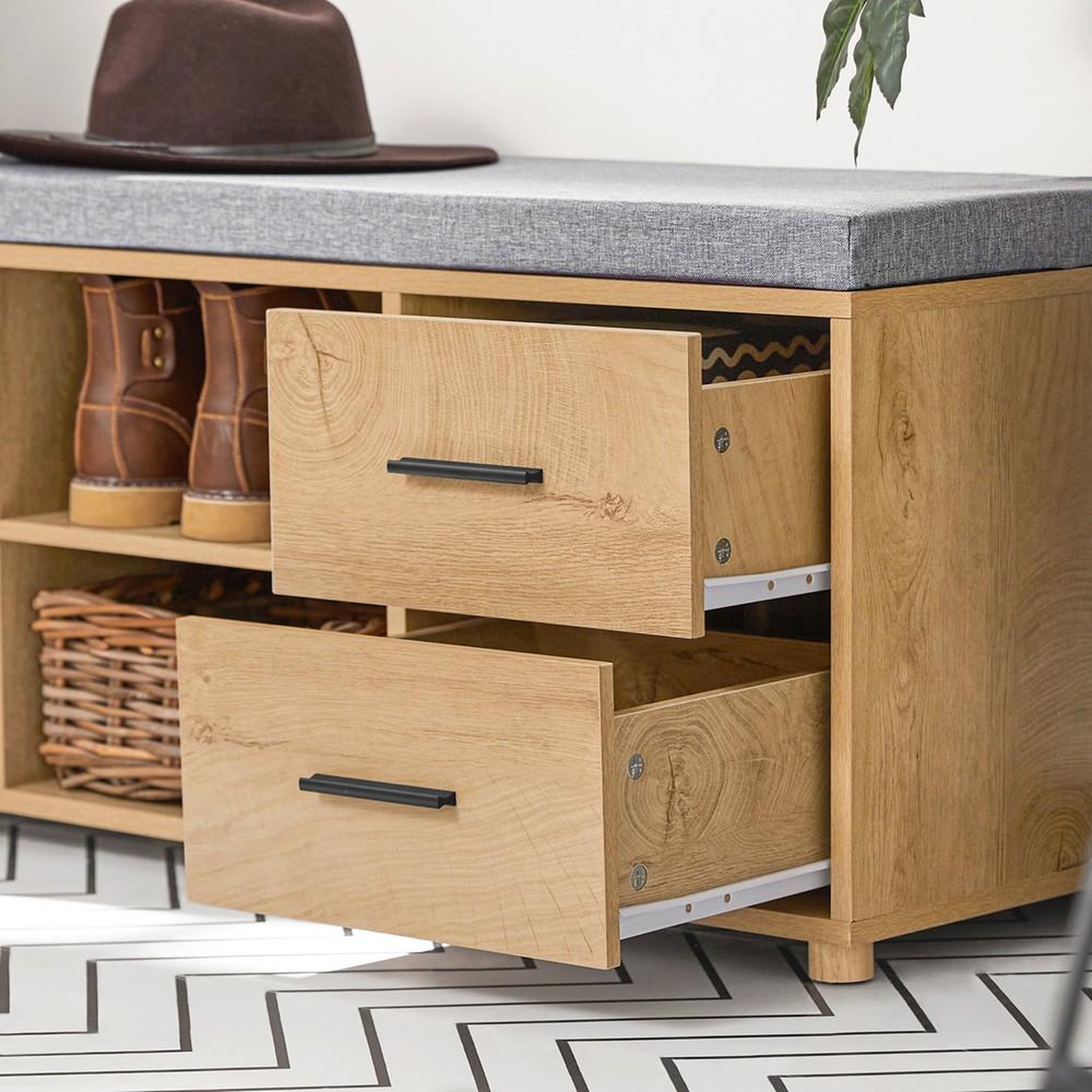 Voir la diapositive 5 : SOBUY SoBuy - Banc de rangement à chaussures avec 2 tiroirs - Chêne Clair - 110x35x47cm - FSR148-N