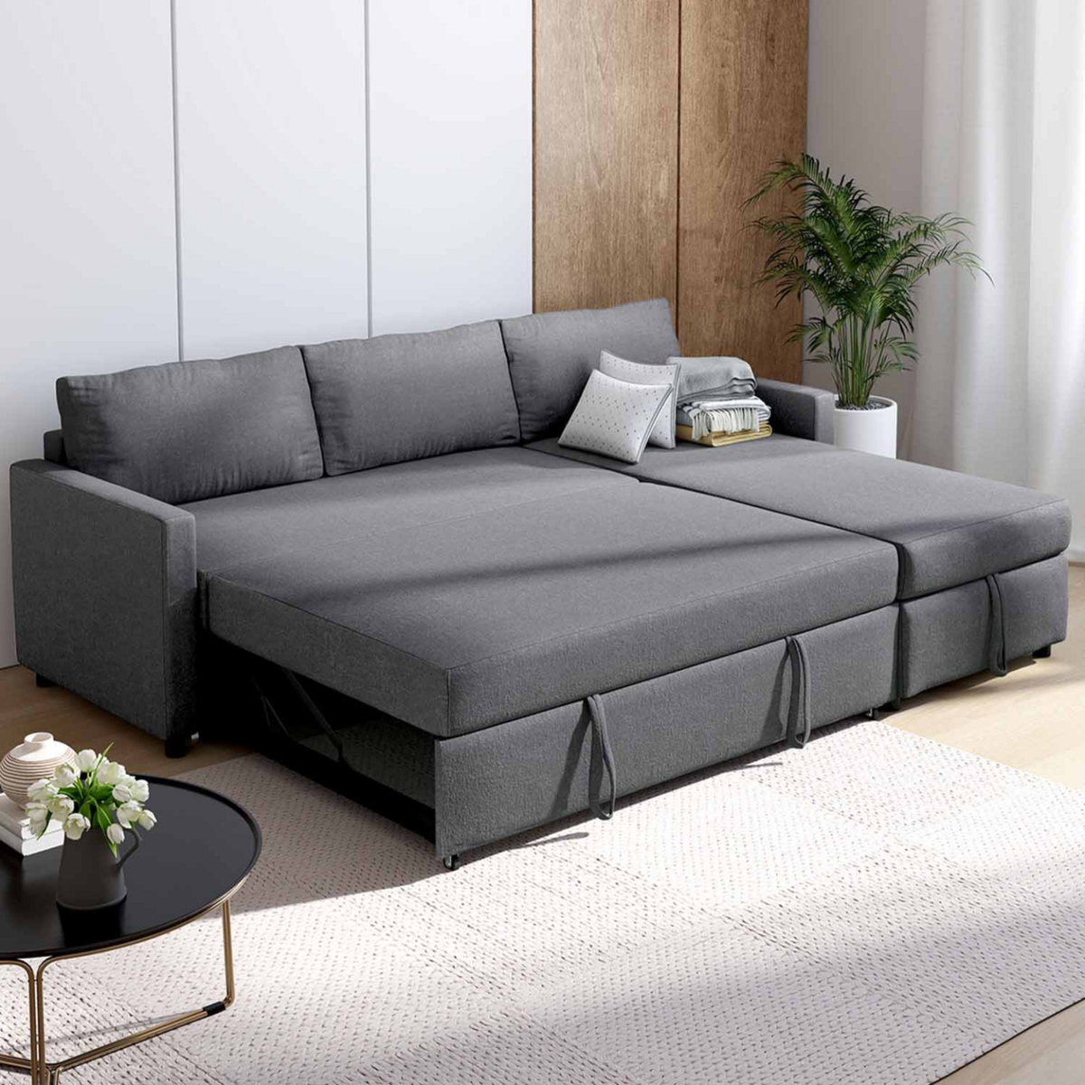 ID MARKET Canapé d'angle convertible NOAH avec méridienne coffre en tissu gris anthracite