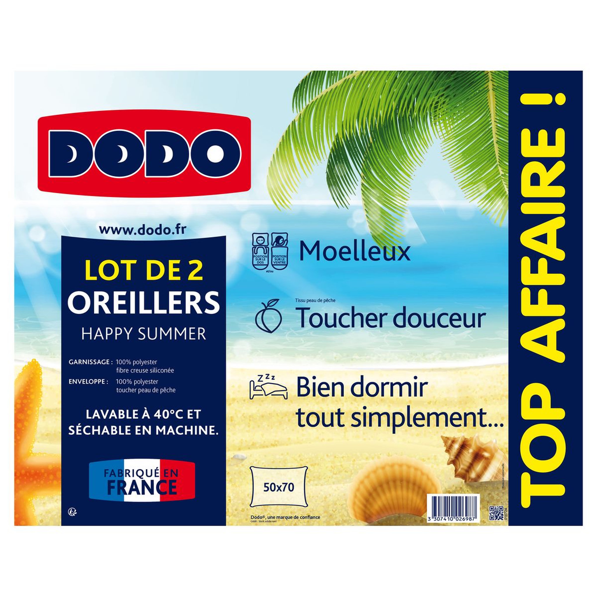 Voir la diapositive 2 : DODO Lot de 2 oreillers confort moelleux en microfibre toucher peau de pêche HAPPY SUMMER