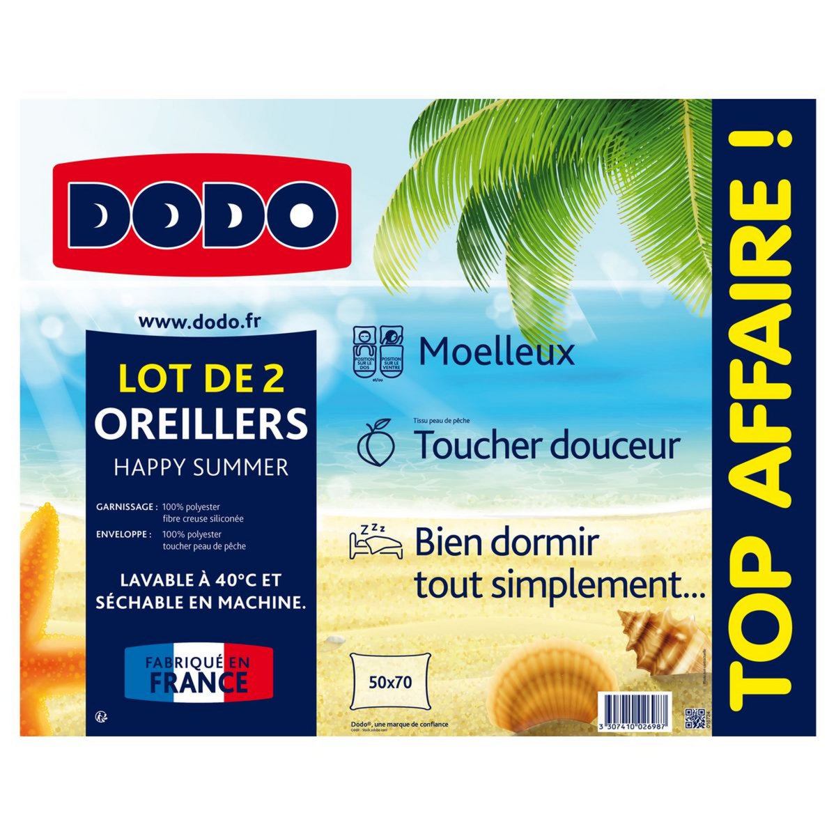 DODO Lot de 2 oreillers confort moelleux en microfibre toucher peau de pêche HAPPY SUMMER