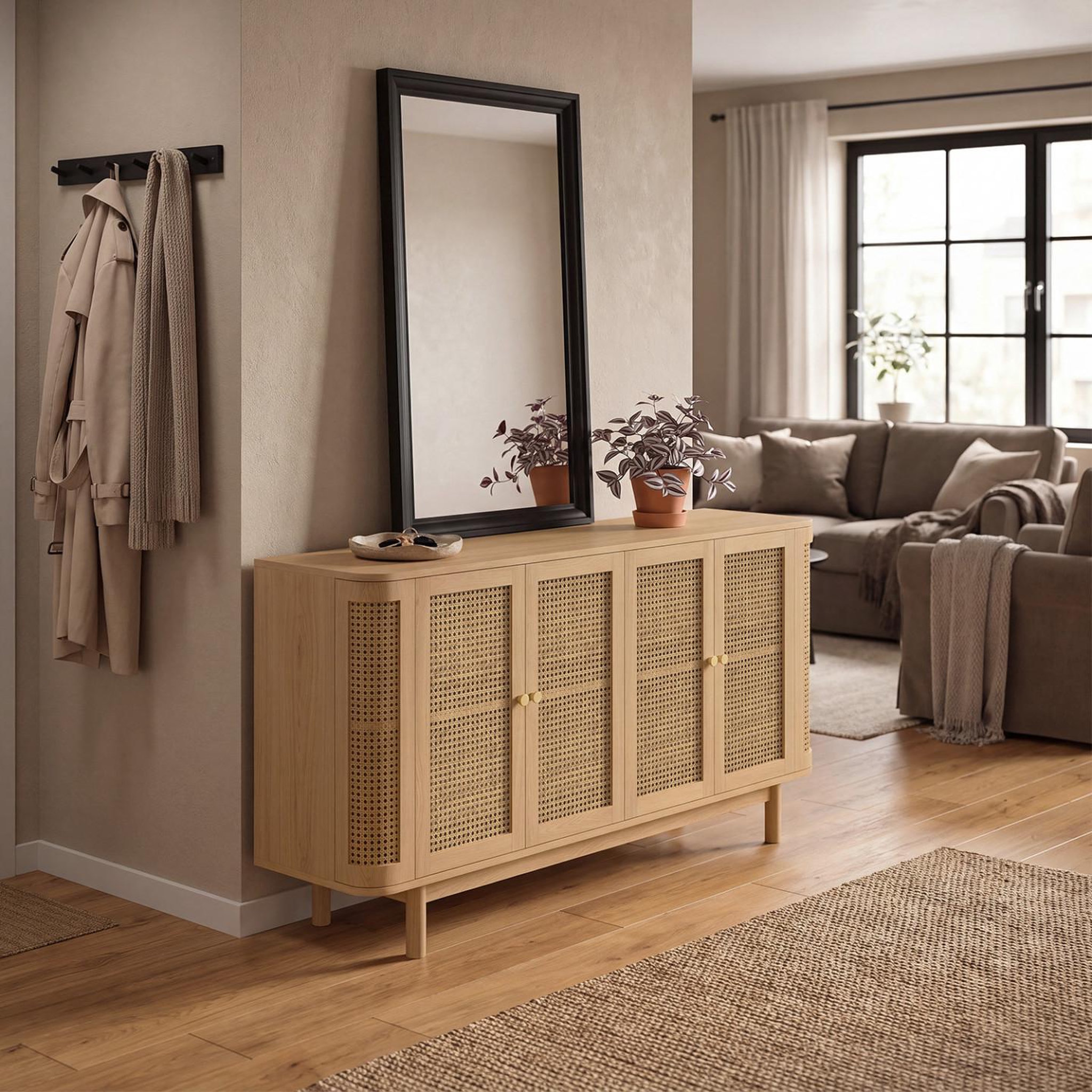 Voir la diapositive 6 : ID MARKET Buffet 160 cm DANA arrondi 4 portes bois et cannage