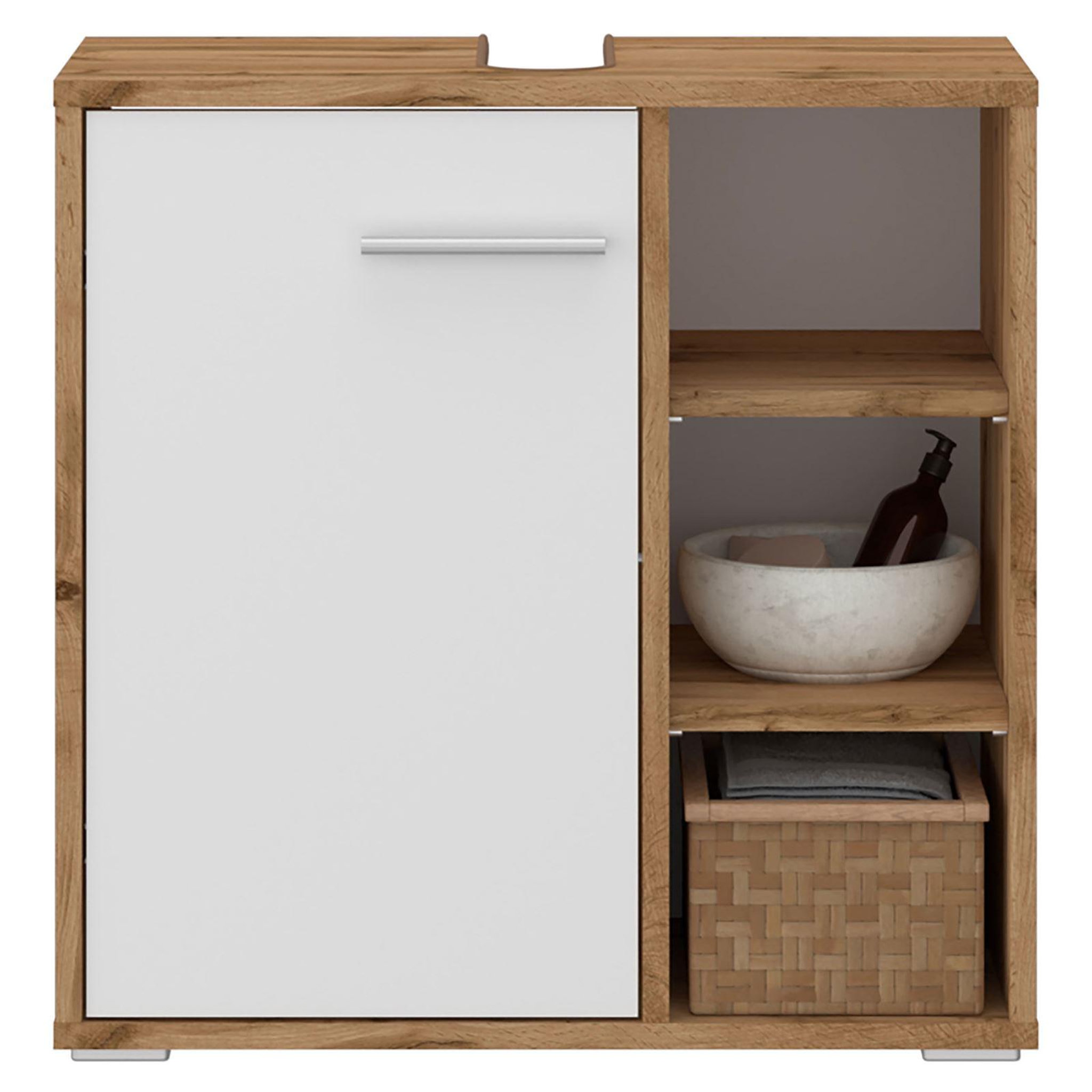 Voir la diapositive 2 : IDIMEX Meuble sous lavabo nistos avec 1 porte et 3 étagères