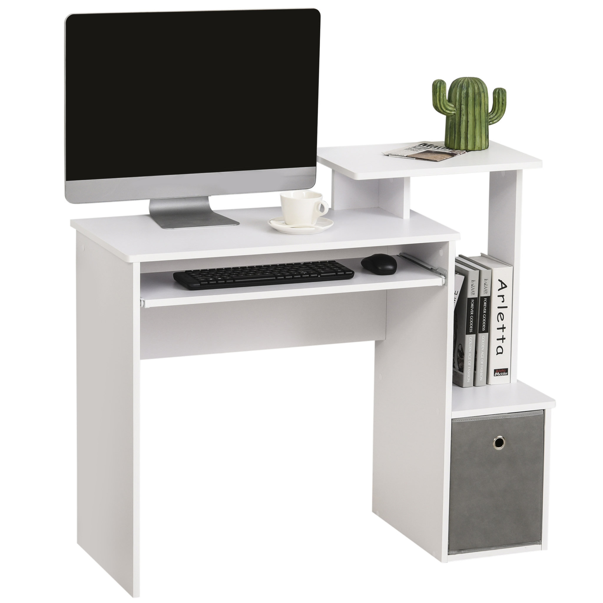 Voir la diapositive 1 : HOMCOM Bureau informatique multimédia étagères tablette clavier panier gris panneaux particules blanc