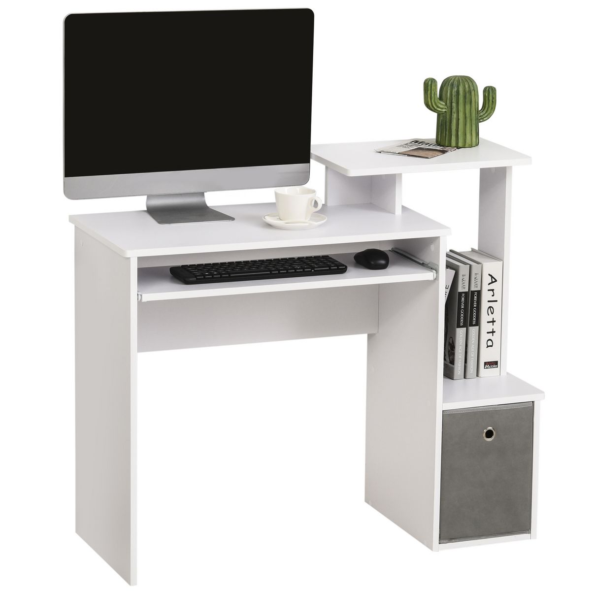 HOMCOM Bureau informatique multimédia étagères tablette clavier panier gris panneaux particules blanc