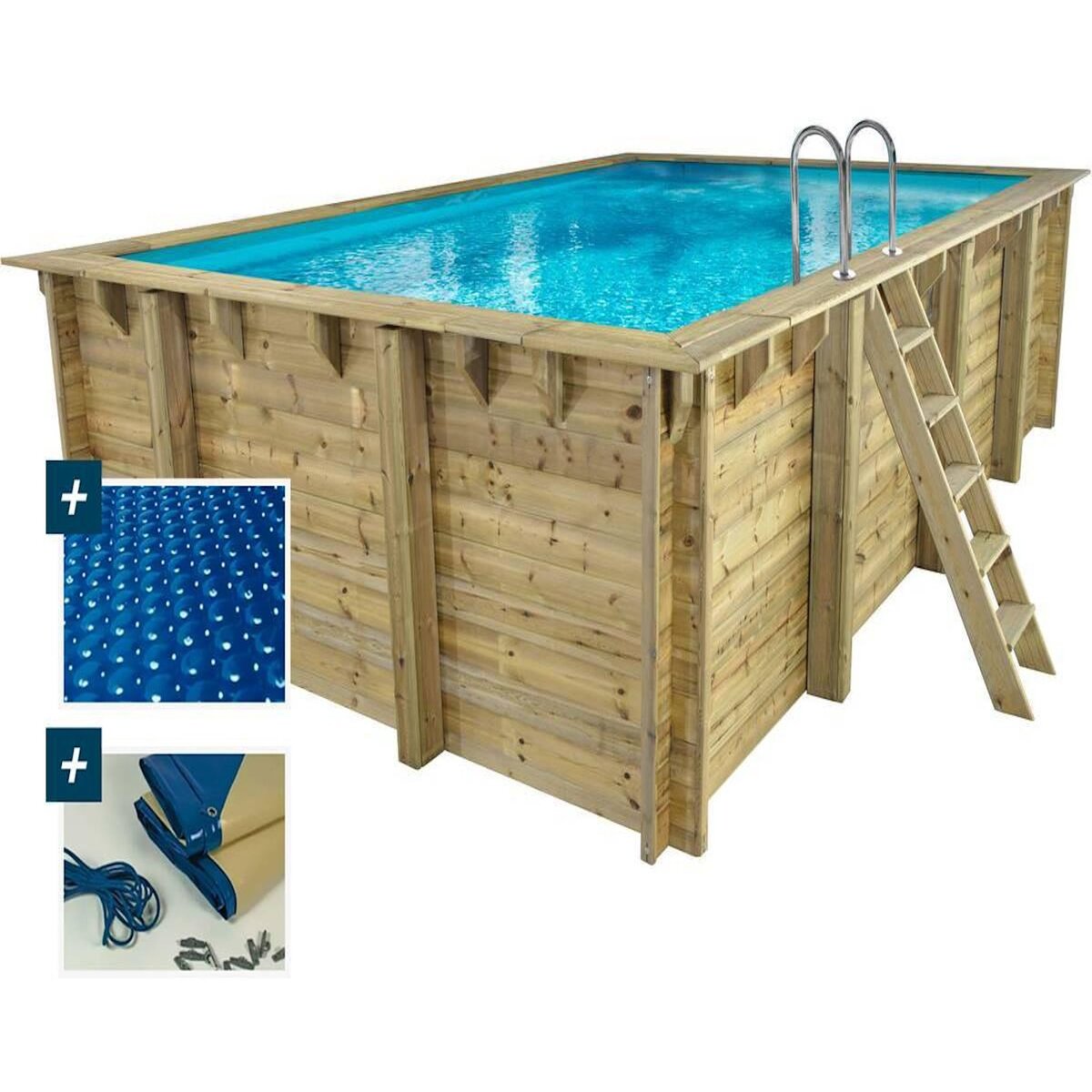 Habitat et Jardin Piscine bois rectangle   Panama  - 6.20 x 4.10 x 1.45 m + Bâche à bulles 180 µ - Bâche hiver 280 g/m² +