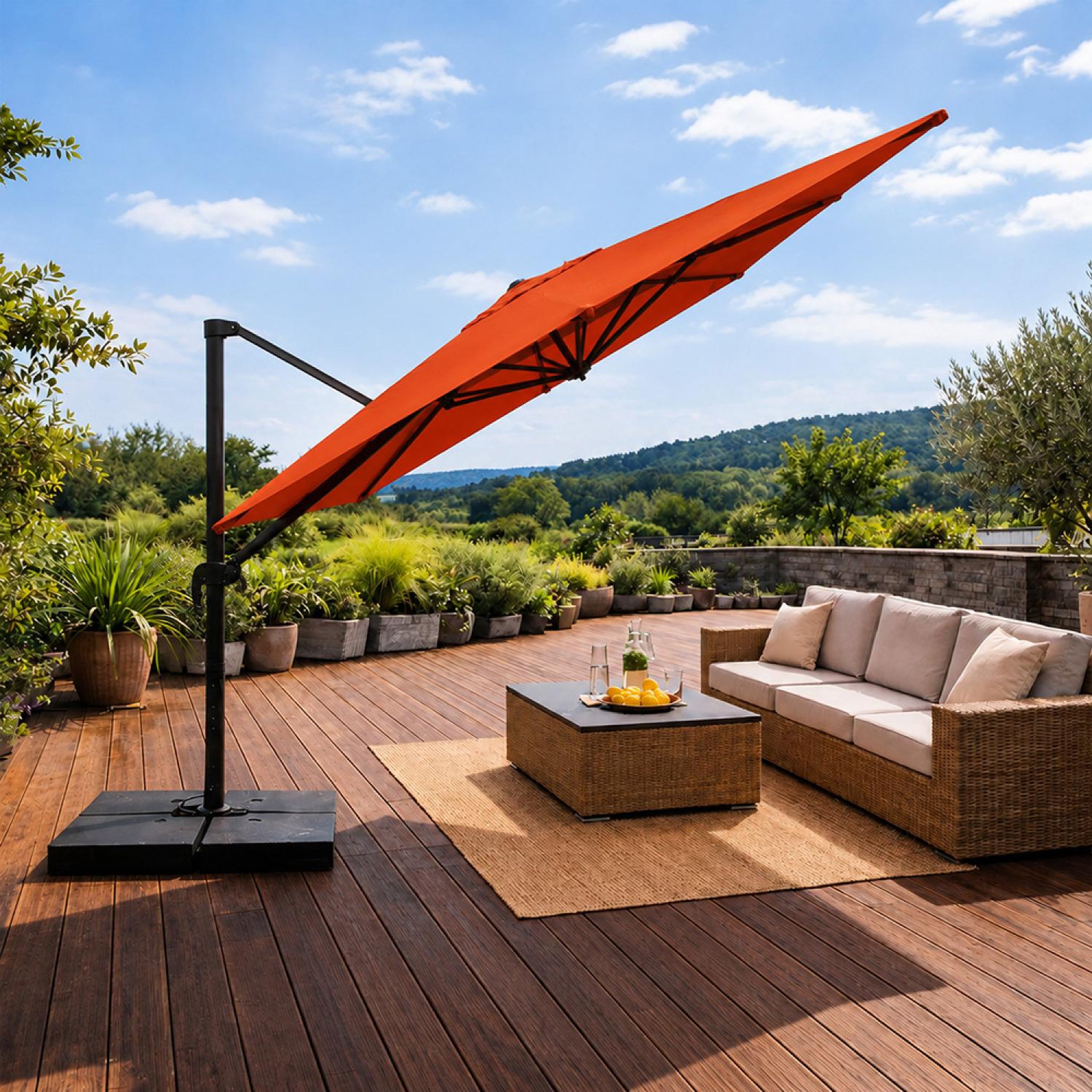 Voir la diapositive 5 : CONCEPT USINE Parasol rectangulaire 3x4 déporté rotatif terracotta en aluminium cezir