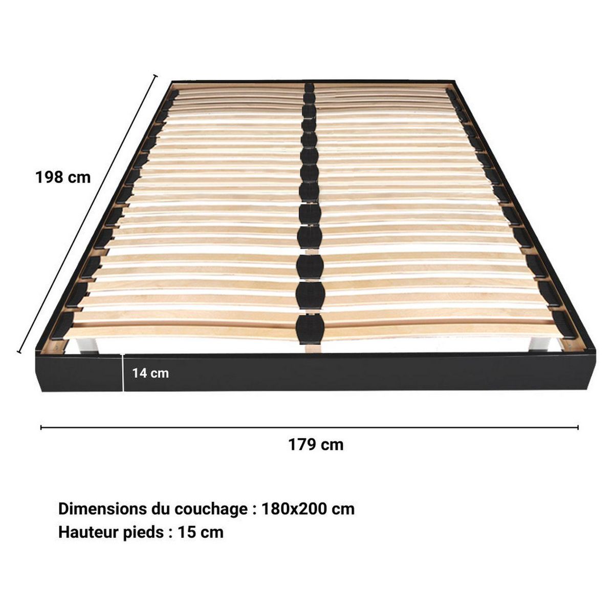 Sommier cadre à lattes sur pieds 180x200 cm 2x26 lattes ASCQ