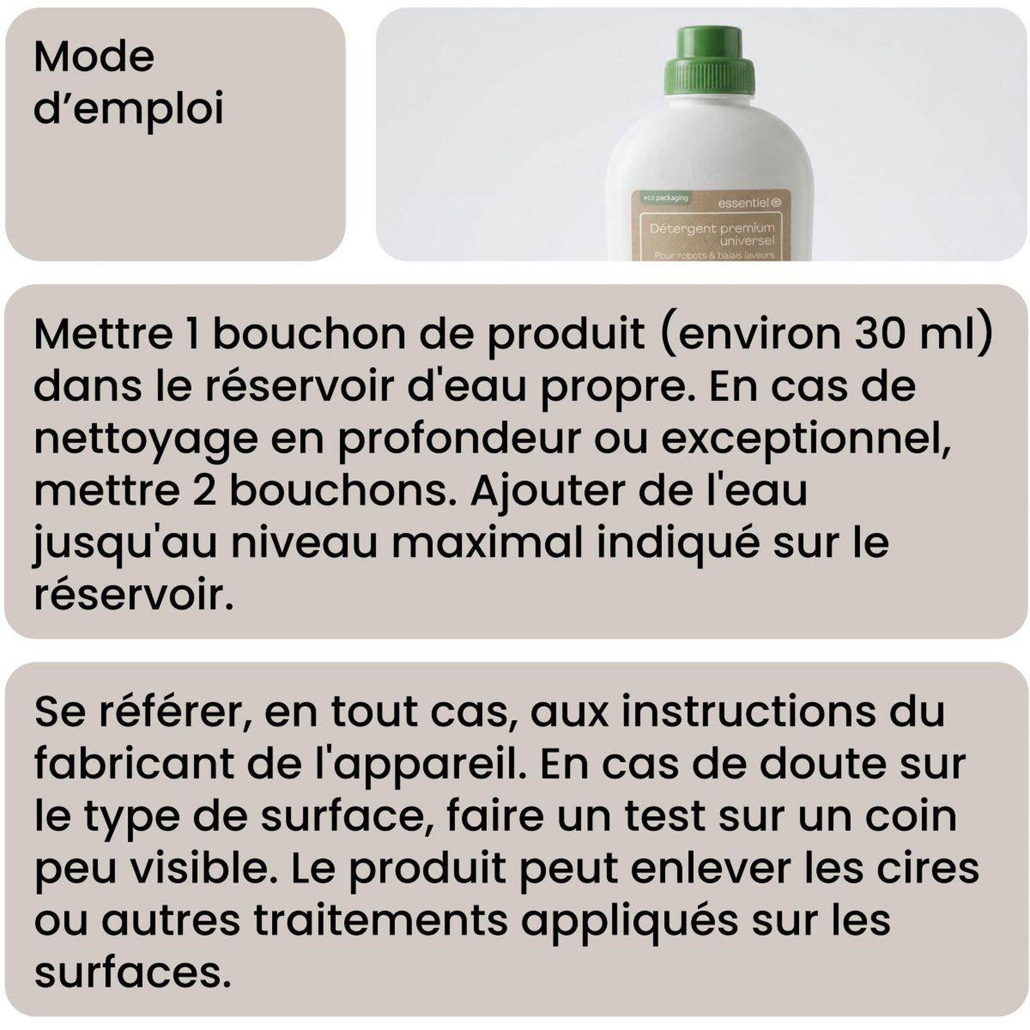 Voir la diapositive 5 : ESSENTIEL B Détergent liquide nettoyant sol universel 1l pour aspirateur robot laveur et balai laveur, anti-traces