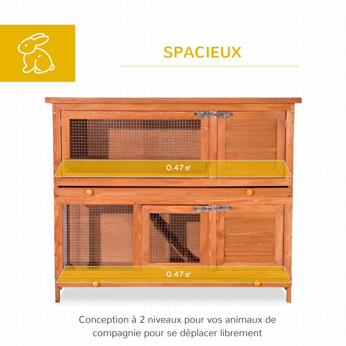 PAWHUT Cage a lapin poulailler clapier en bois de pin de grande taille avec 2 etages 120x48x100 cm