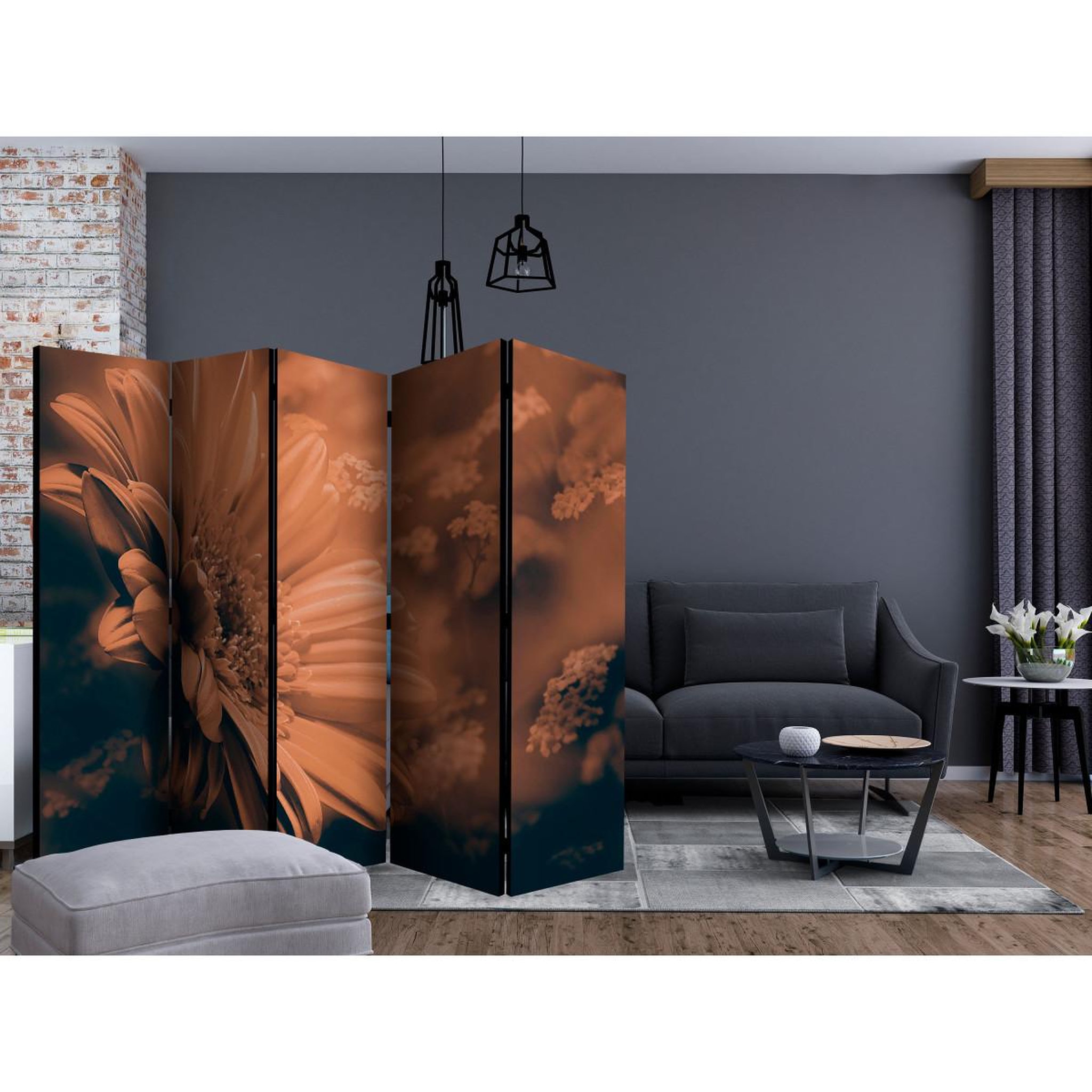 Voir la diapositive 2 : Paris Prix Paravent 5 volets  gerbera in bronze  172x225cm