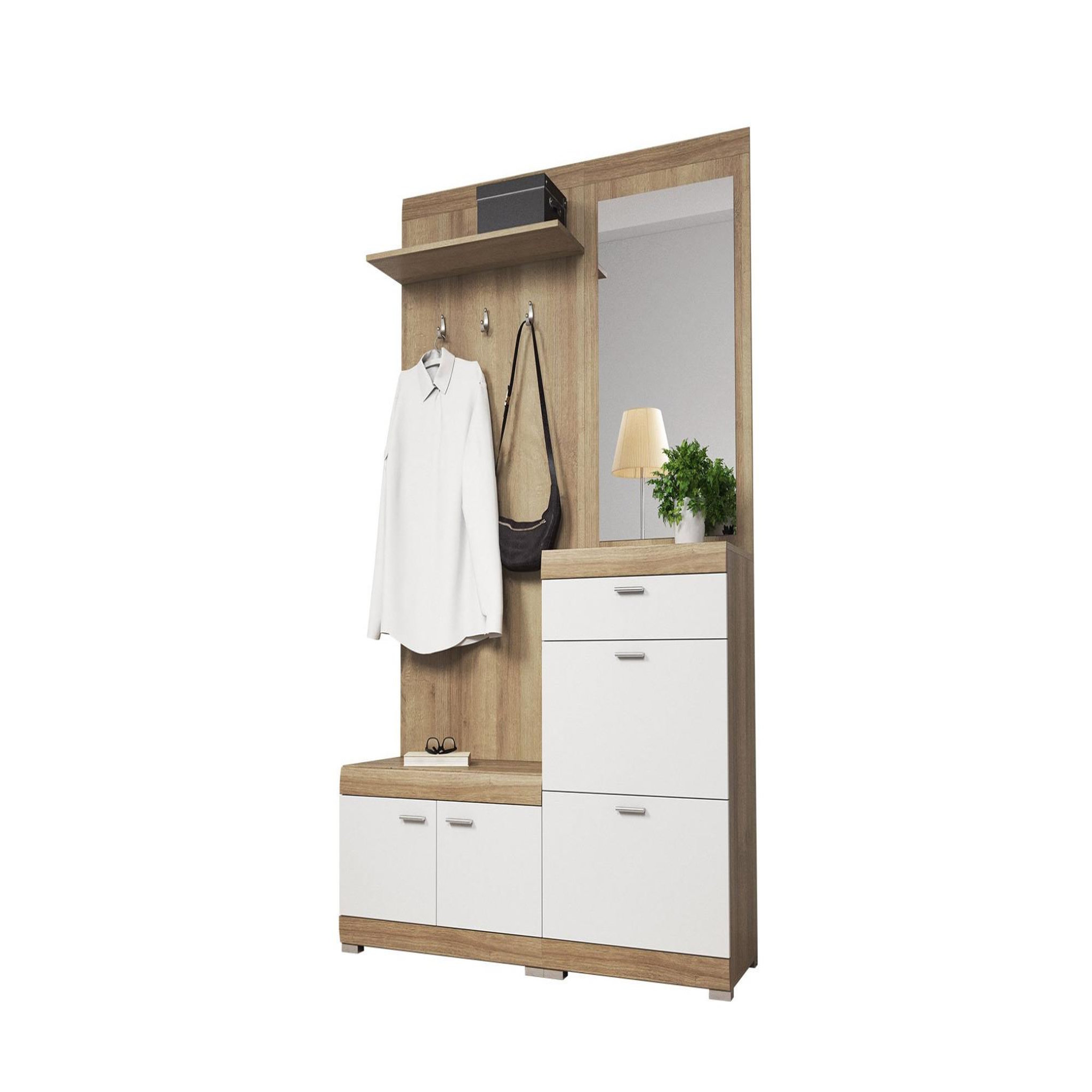 Voir la diapositive 3 : BEST MOBILIER Thea - meuble d'entrée - effet bois et blanc - 135 cm - style scandinave