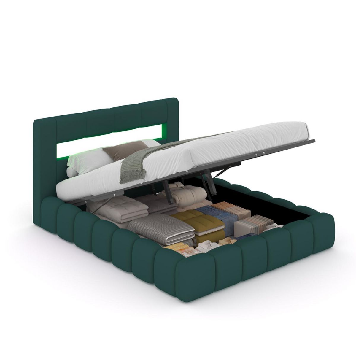 CONCEPT USINE Lit nuage coffre LED 140x190cm velours vert OMAHA