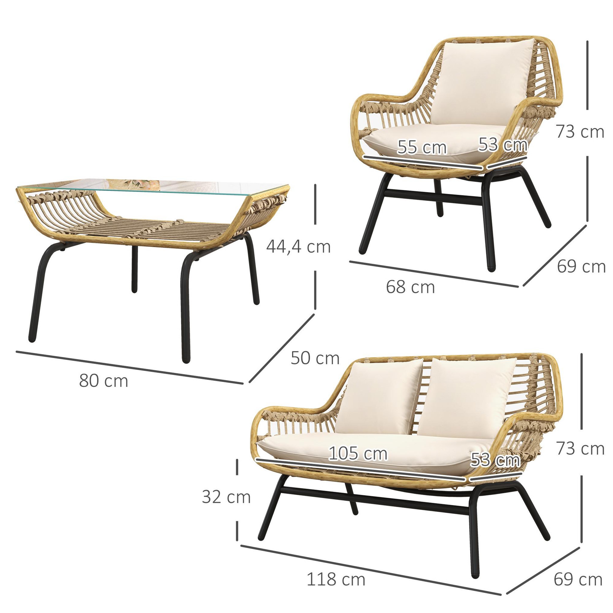 Voir la diapositive 3 : OUTSUNNY Salon de jardin 4 pers. 4 pièces style exotique métal époxy résine imitation bambou coussins grand confort inclus polyester beige