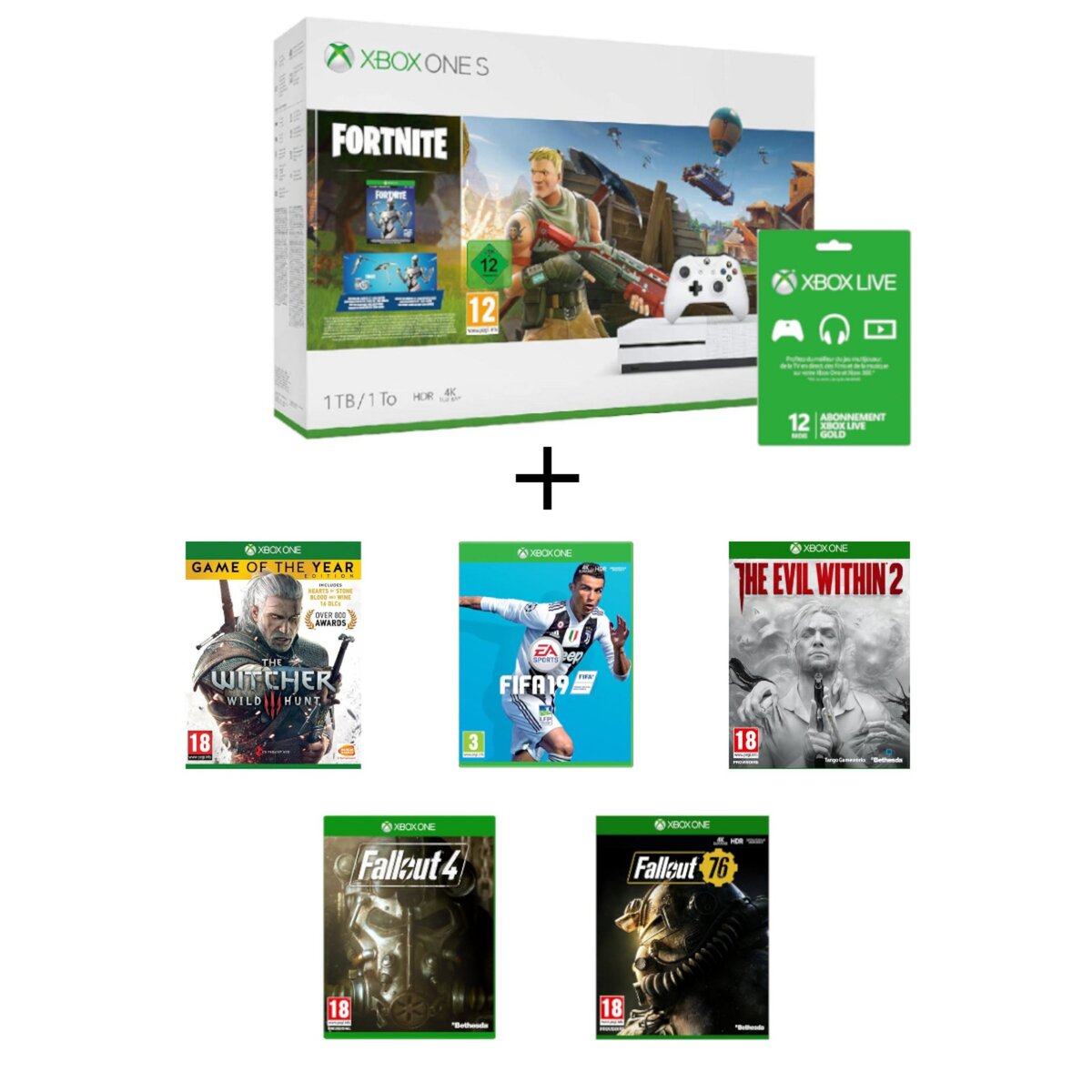 Console Xbox One S Fortnite + FIFA 19 + Fallout 76 + Fallout 4 + The Witcher 3 + The Evil Within 2 + Abonnement Live 1 an