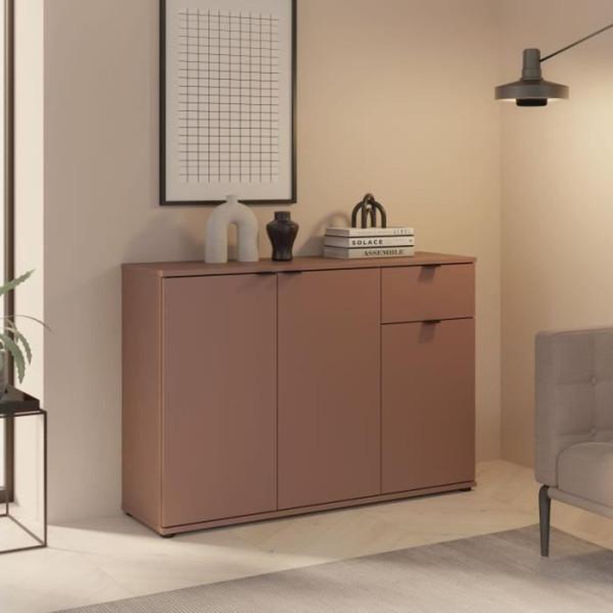 Voir la diapositive 2 : MARKET24 Commode - GANYMEDE - 3 portes - 1 tiroir - Terracotta - 119,8 x 34,1 x 82,3 cm