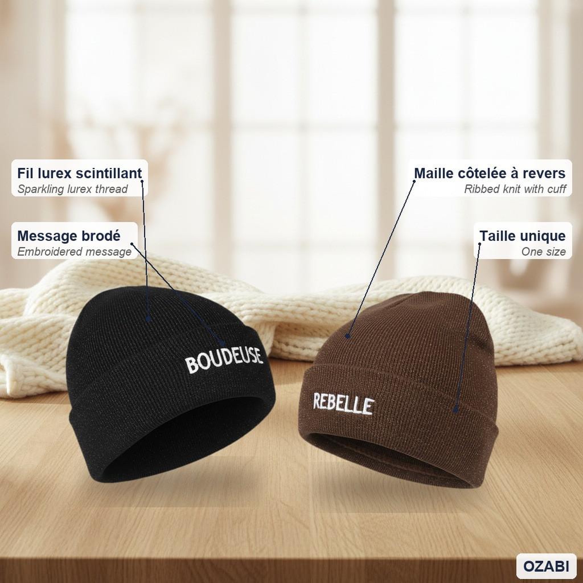 Voir la diapositive 5 : OZABI OZABI Bonnets Femme Fil Lurex Pailleté Message Brodé - Pack de 2 (Lot)