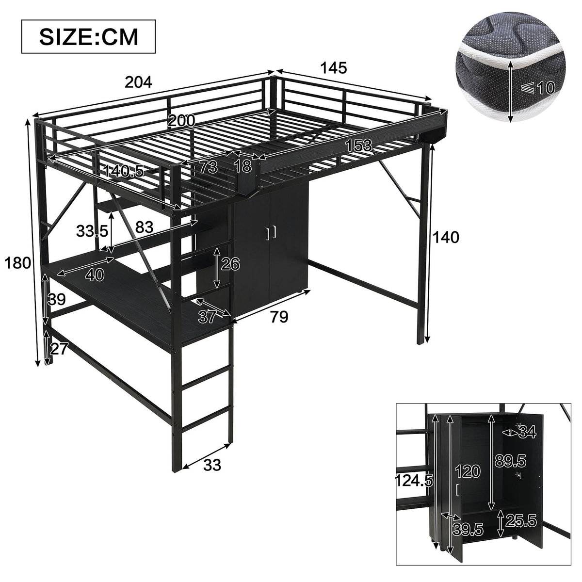 MERAX Lit mezzanine 140x200 cm coloris noir métal
