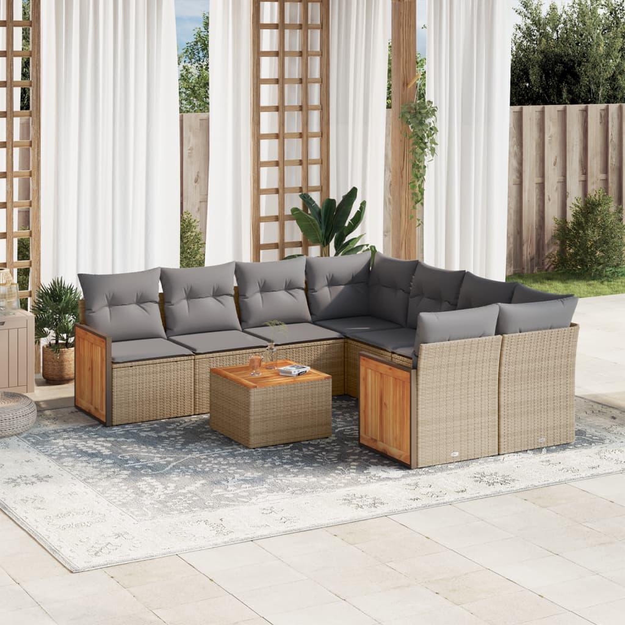VIDAXL Salon de jardin avec coussins 9 pcs beige resine tressee
