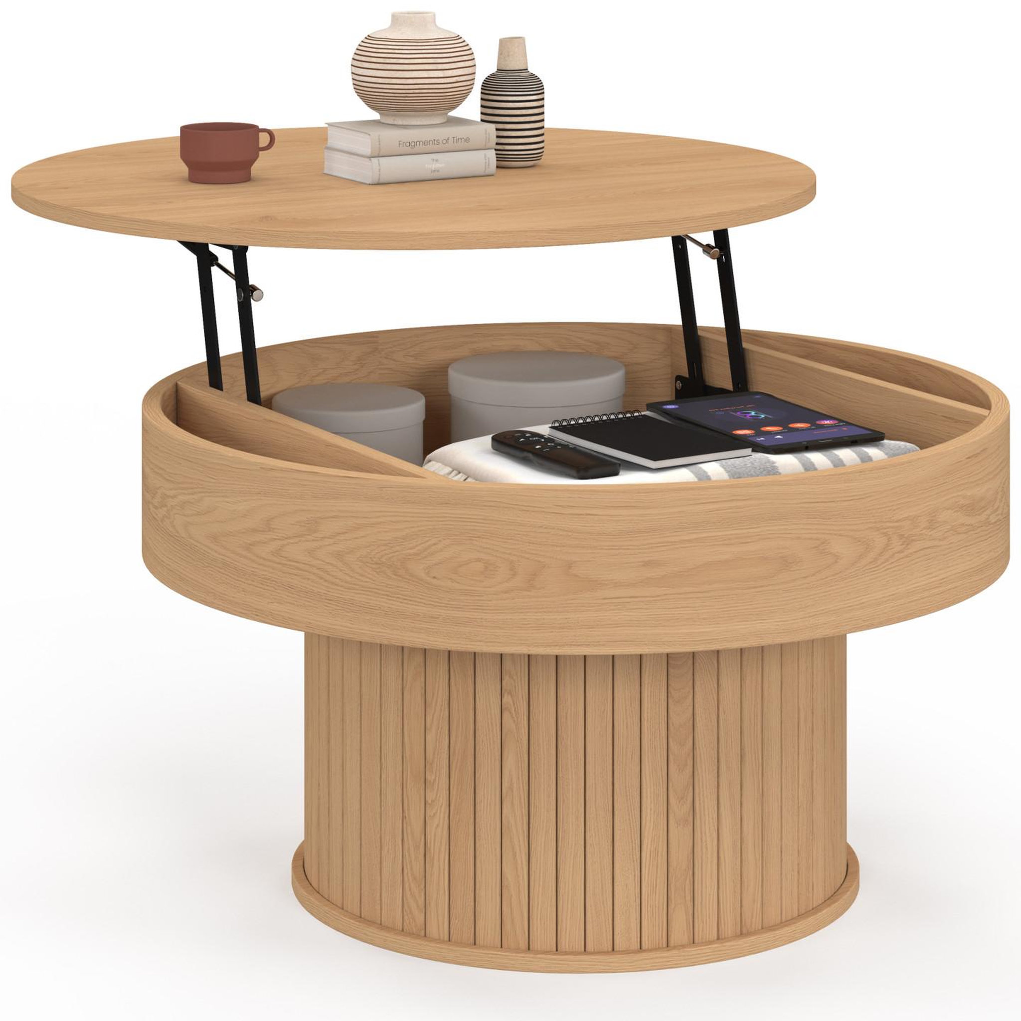 ID MARKET Table basse plateau relevable ronde juliette 70 cm lattes tasseau bois coloris chêne