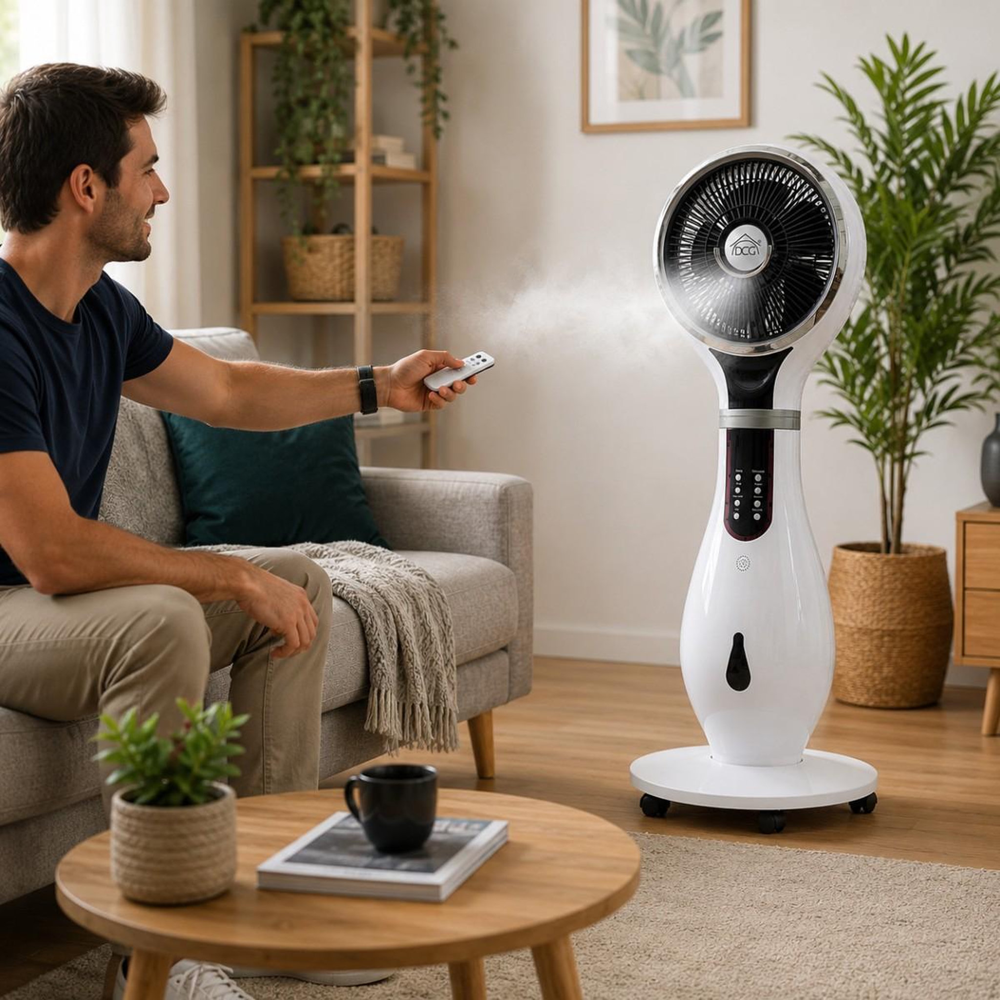 Voir la diapositive 4 : DCG Ventilateur brumisateur 80w humidificateur 2.3l télécommande timer 9h30 fonction anti-moustiques roulettes dcg