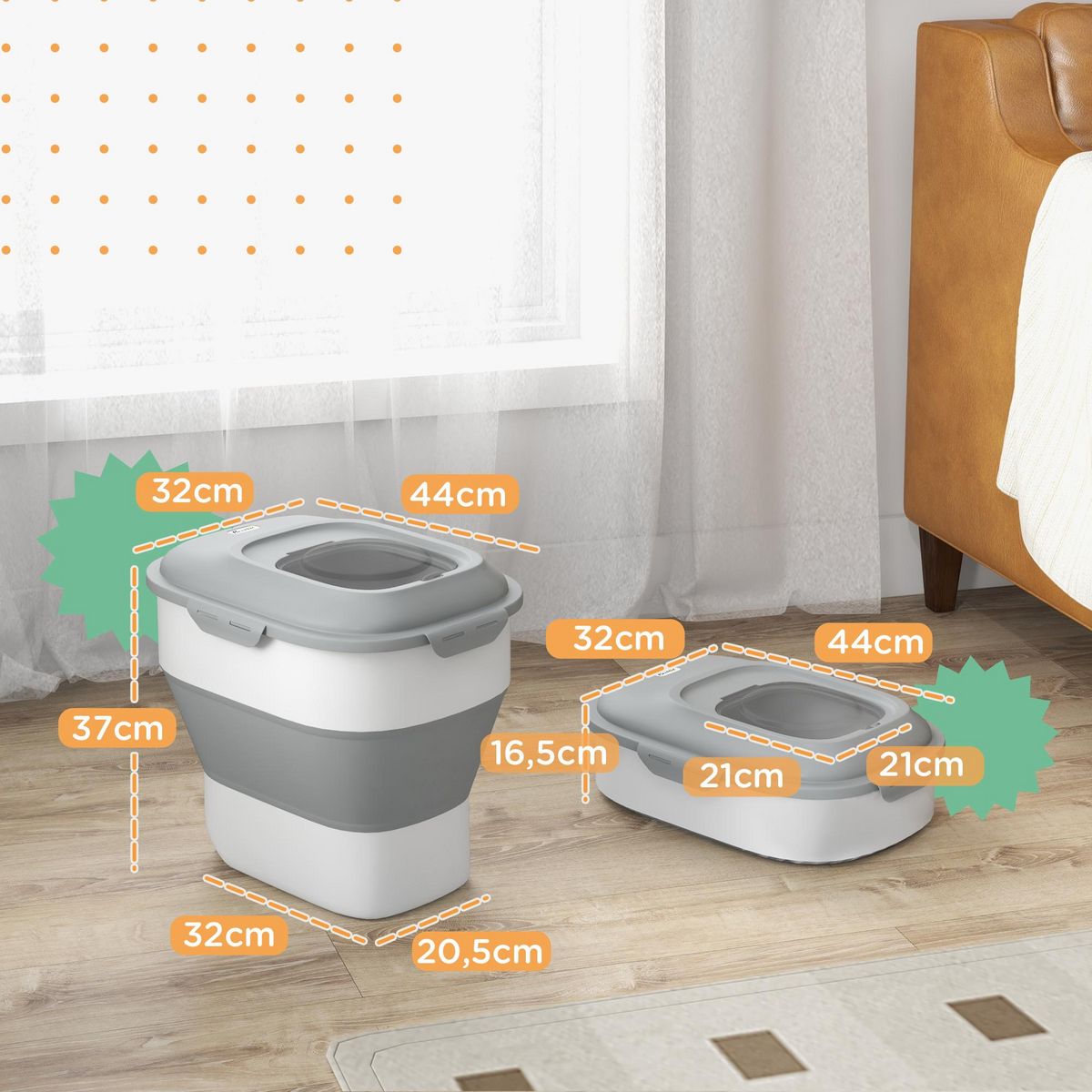 PAWHUT Conteneur à croquettes pour chiens et chats pliable 25L - roulettes, tasse, bol, cuillère - gris