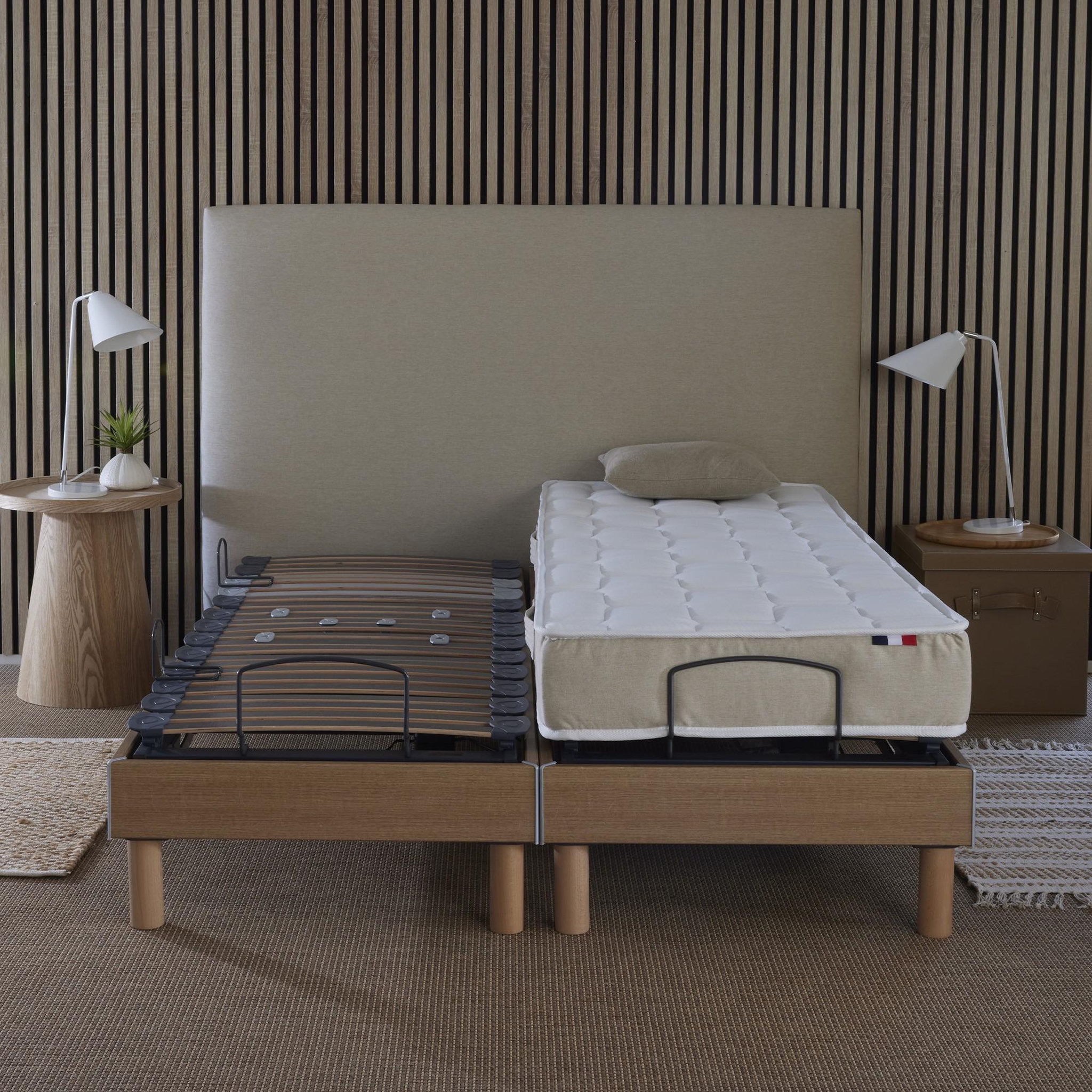 Voir la diapositive 4 : IDLITERIE Ensemble lit électrique relaxation à lattes chêne clair - Matelas 100% latex 5 zones 18 cm