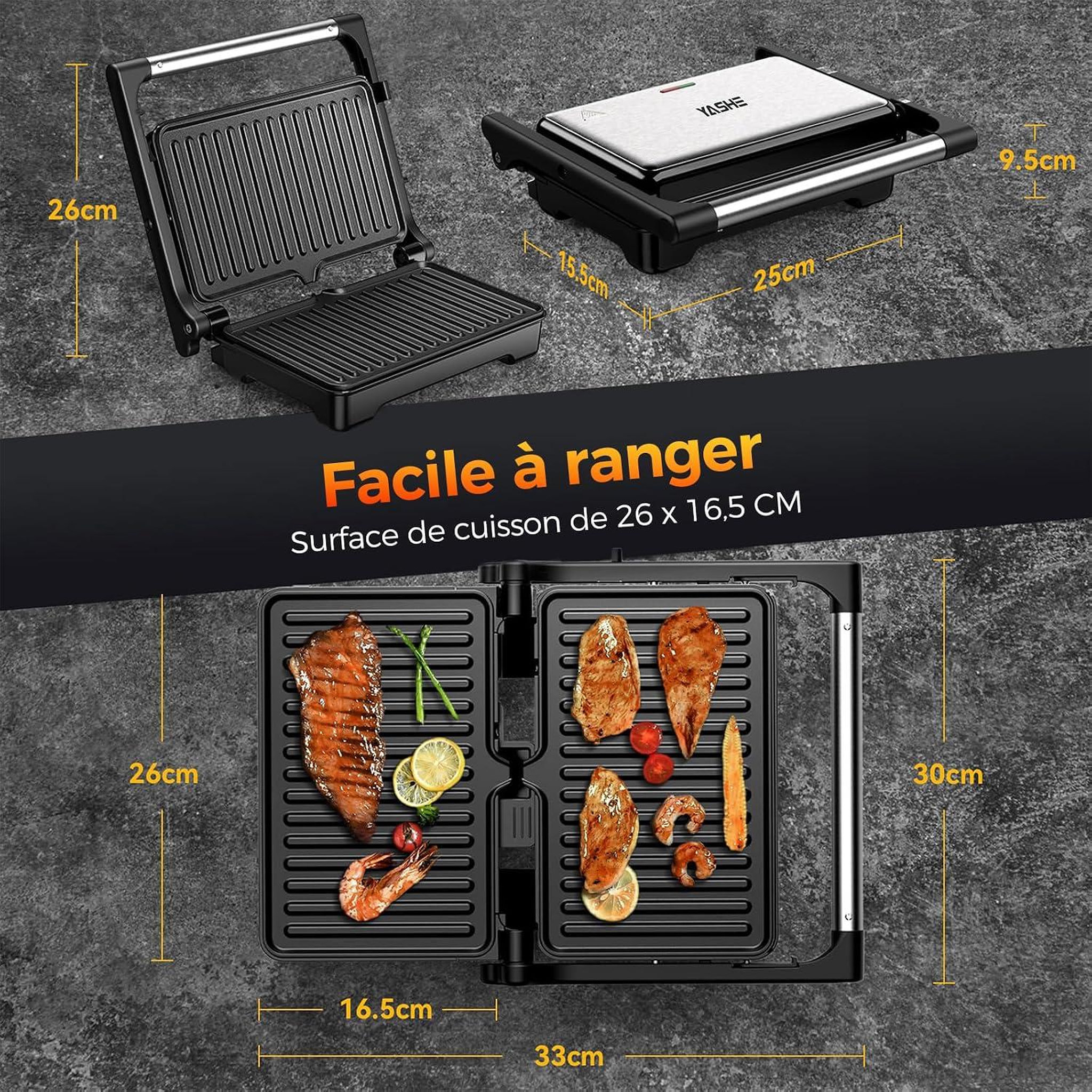 Voir la diapositive 6 : YASHE Appareil à croque-monsieur 1500 W, ouverture 180°, noir