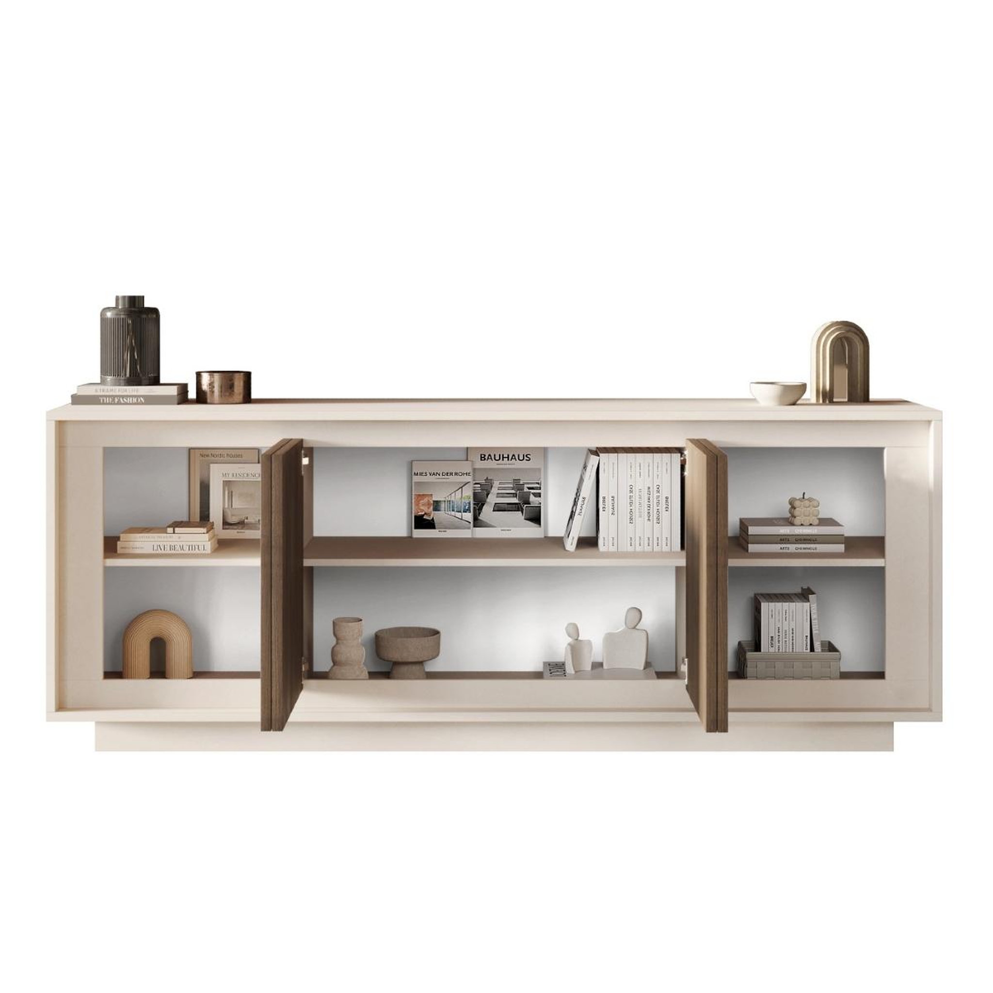 Voir la diapositive 3 : JLC KREATION Buffet bas contemporain 4 portes beige et noyer yori