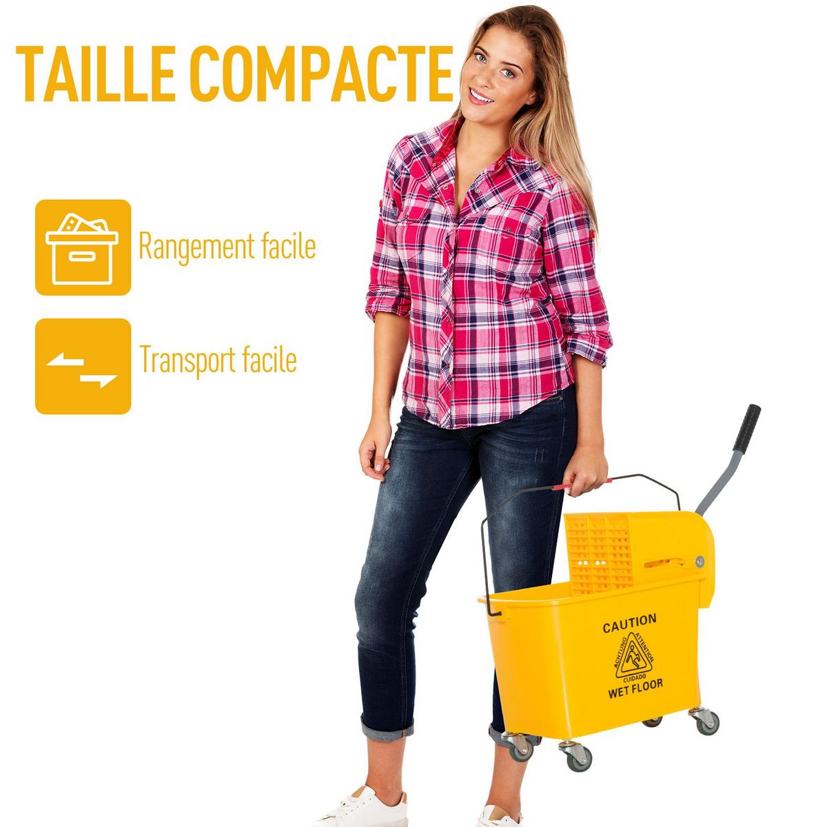 HOMCOM Chariot de nettoyage lavage seau de ménage 20 L avec essoreur et séparateur eau sale propre jaune